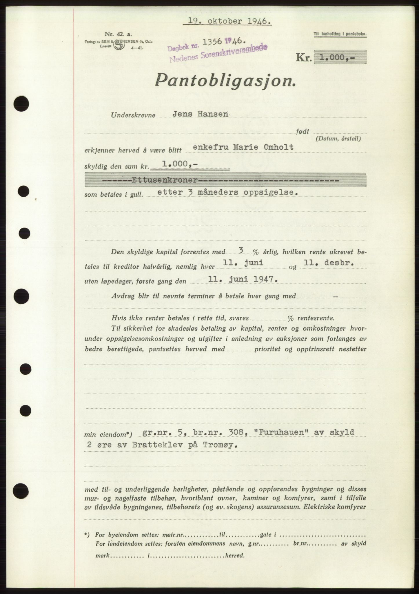 Nedenes sorenskriveri, SAK/1221-0006/G/Gb/Gbb/L0003: Mortgage book no. B3b, 1946-1946, Diary no: : 1356/1946