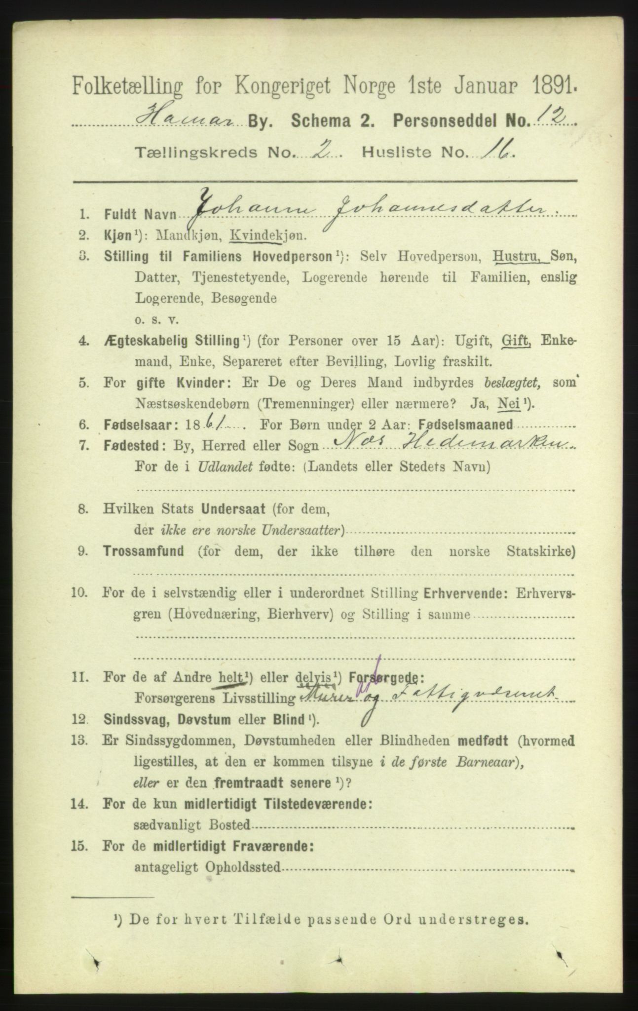 RA, 1891 census for 0401 Hamar, 1891, p. 1209
