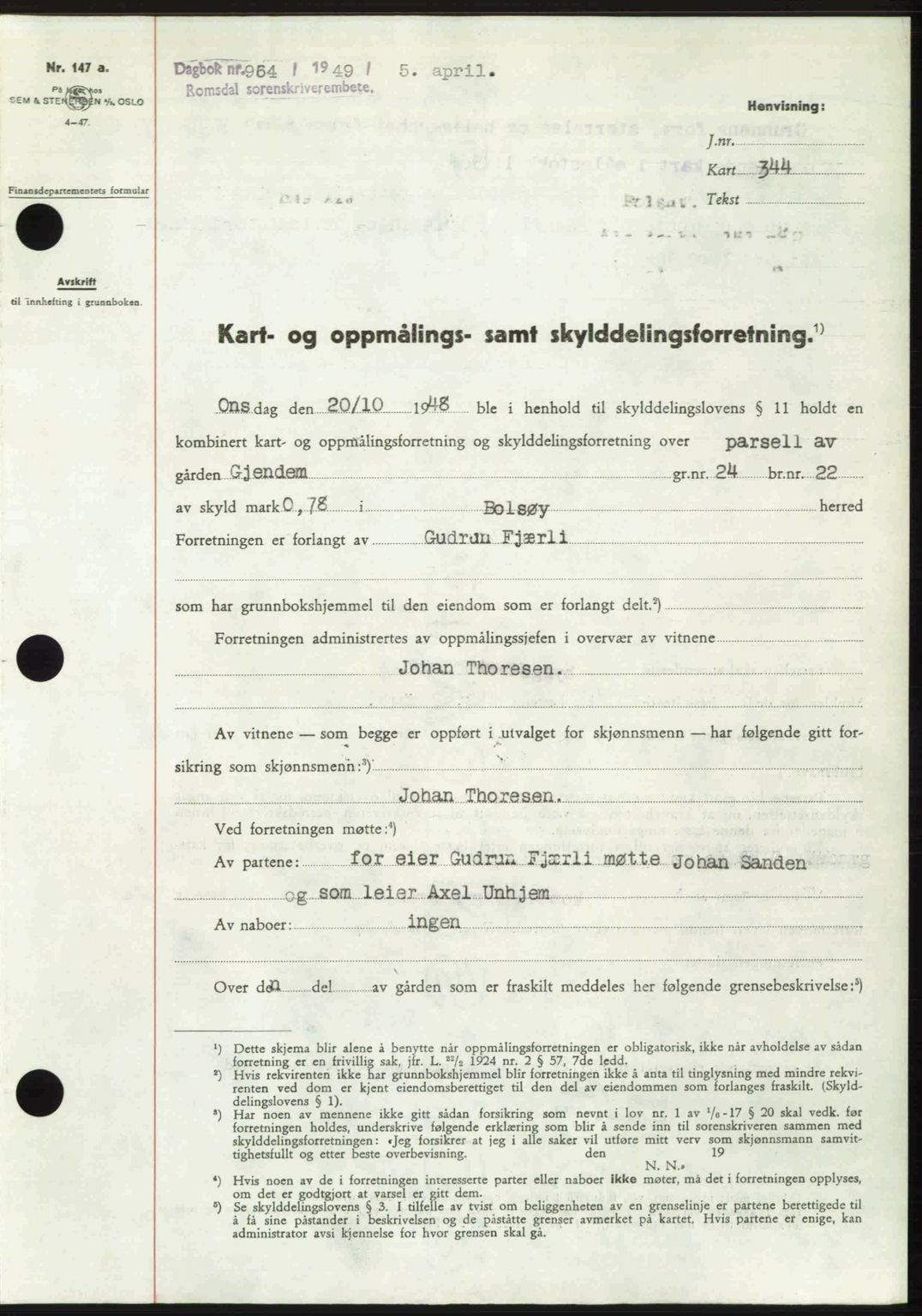 Romsdal sorenskriveri, AV/SAT-A-4149/1/2/2C: Mortgage book no. A29, 1949-1949, Diary no: : 964/1949