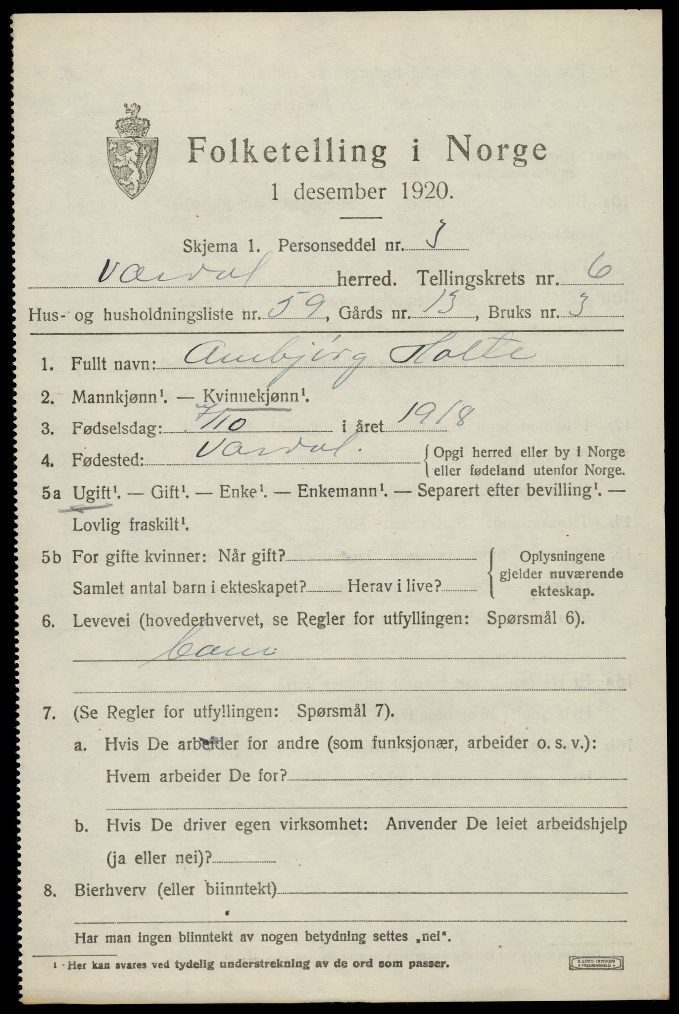 SAH, 1920 census for Vardal, 1920, p. 4549