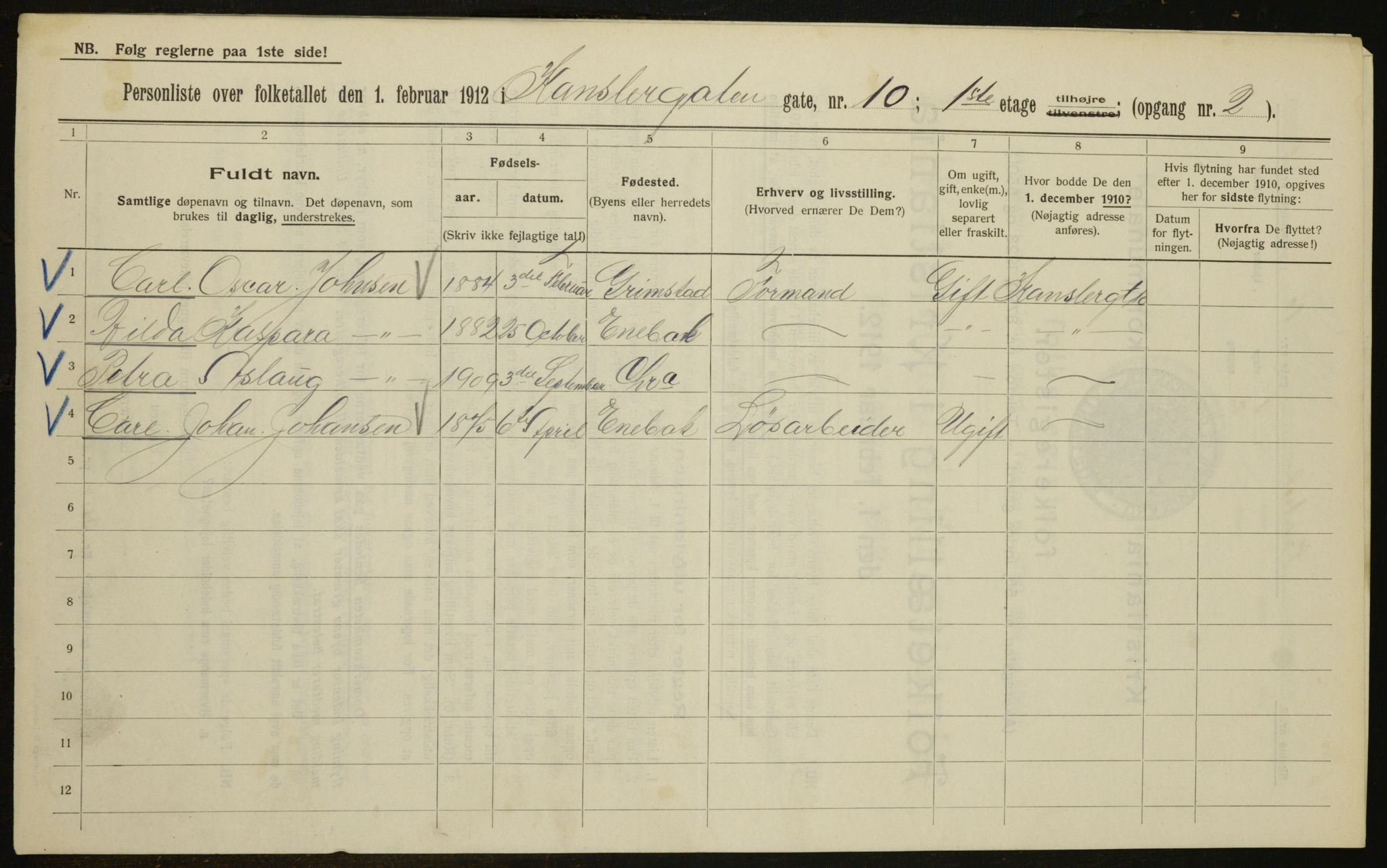 OBA, Municipal Census 1912 for Kristiania, 1912, p. 48437