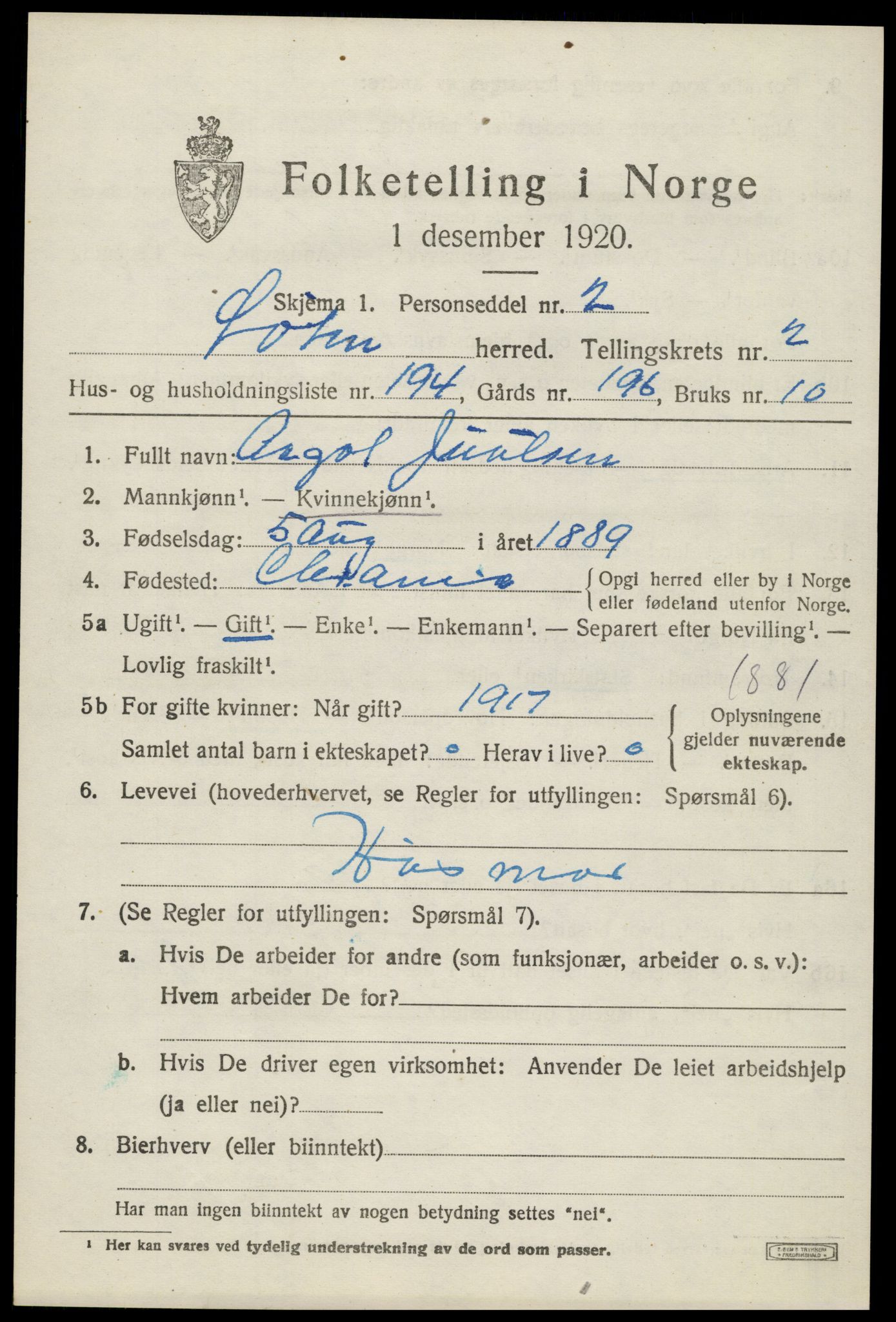 SAH, 1920 census for Løten, 1920, p. 7111