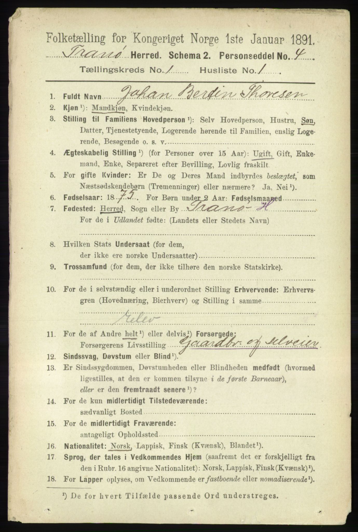 RA, 1891 census for 1927 Tranøy, 1891, p. 70