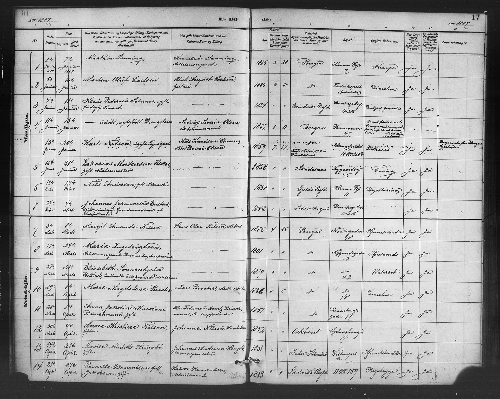 Johanneskirken sokneprestembete, SAB/A-76001/H/Hab: Parish register (copy) no. D 1, 1885-1915, p. 17
