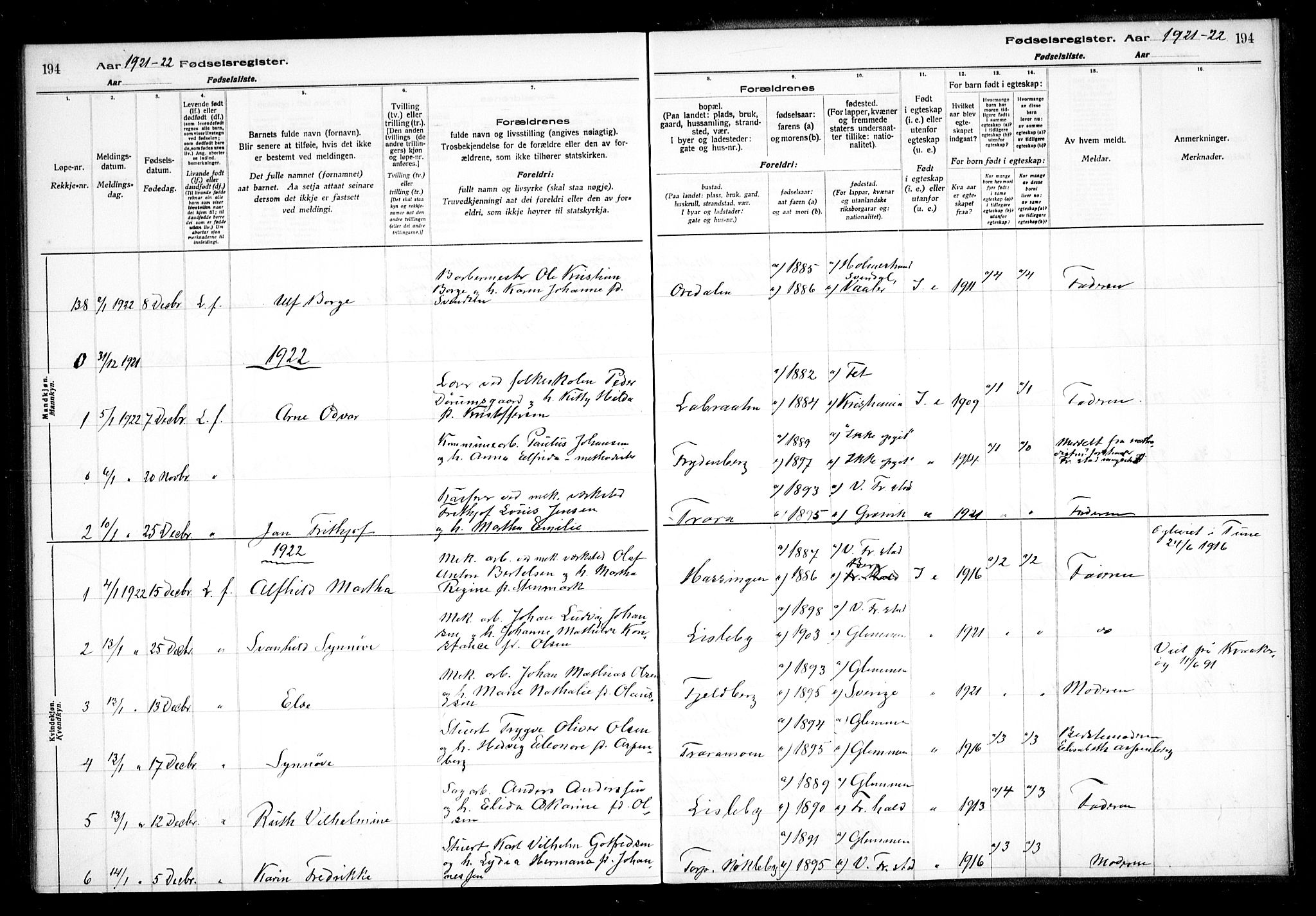 Glemmen prestekontor Kirkebøker, AV/SAO-A-10908/J/Ja/L0001: Birth register no. I 1, 1916-1922, p. 194