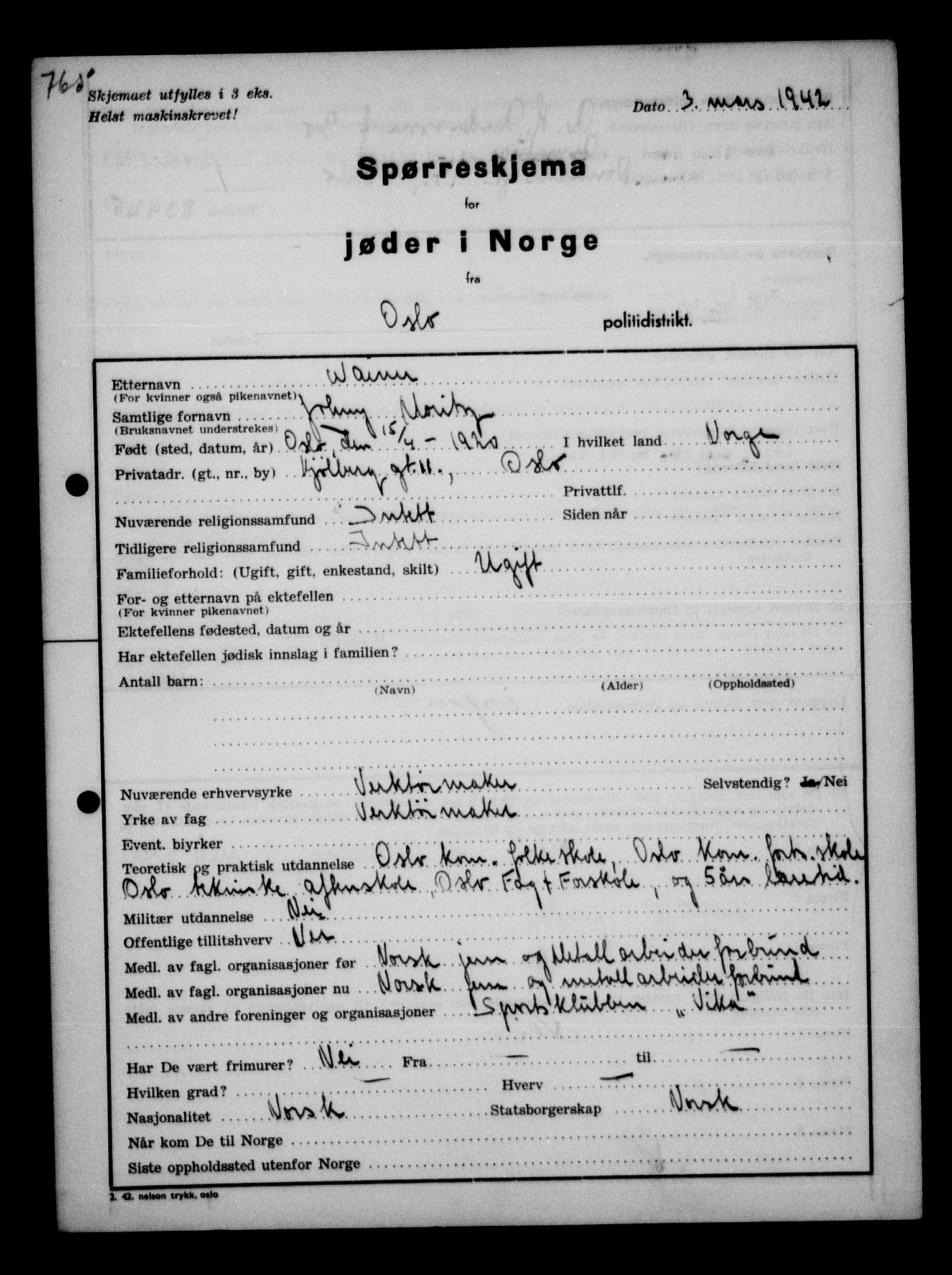 Statspolitiet - Hovedkontoret / Osloavdelingen, AV/RA-S-1329/G/Ga/L0011: Spørreskjema for jøder i Norge. 1: Oslo 610-806 (Plavnik-Zwillinger). 2: Aker 1-113 (Adler-Lewin). , 1942, p. 461