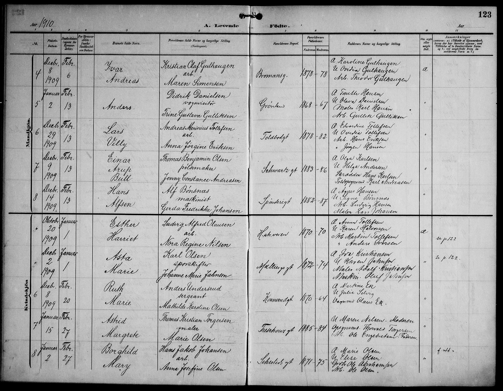 Strømsø kirkebøker, AV/SAKO-A-246/F/Fa/L0026: Parish register (official) no. I 26, 1905-1914, p. 123