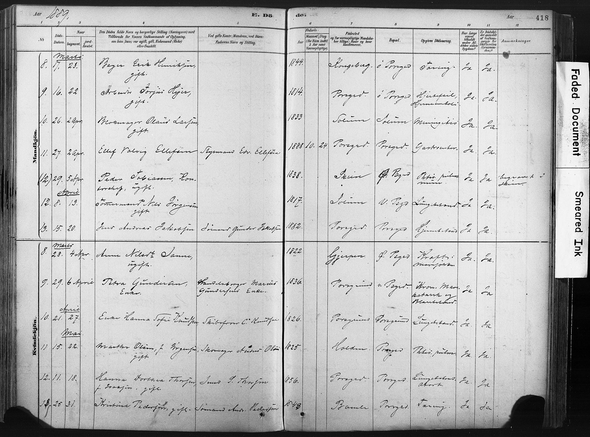 Porsgrunn kirkebøker , AV/SAKO-A-104/F/Fa/L0008: Parish register (official) no. 8, 1878-1895, p. 418