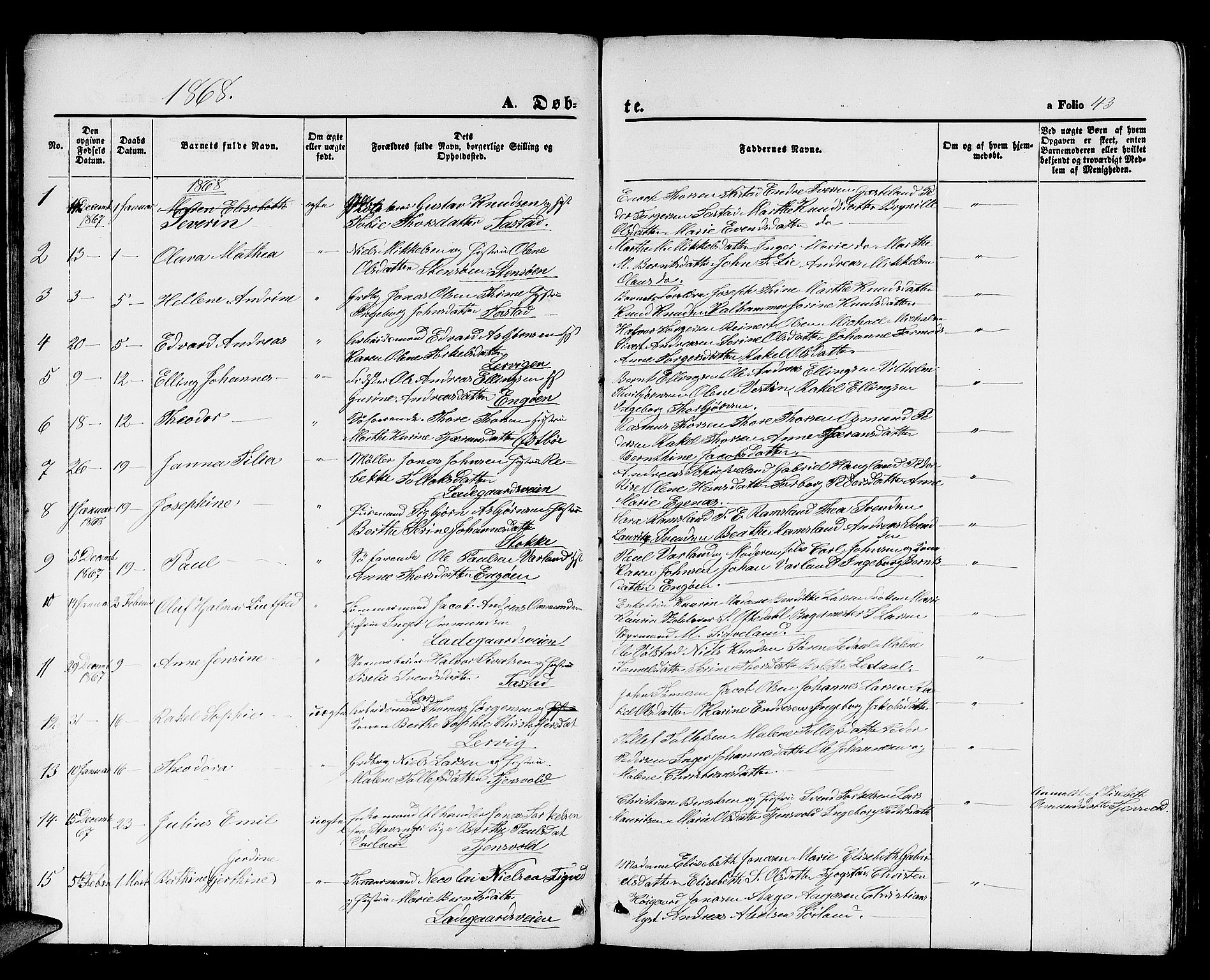 Hetland sokneprestkontor, SAST/A-101826/30/30BB/L0003: Parish register (copy) no. B 3, 1863-1877, p. 43