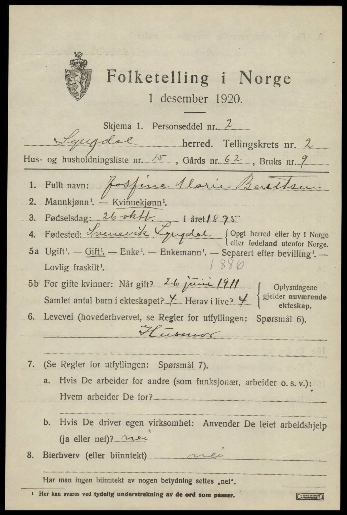 SAK, 1920 census for Lyngdal, 1920, p. 1709