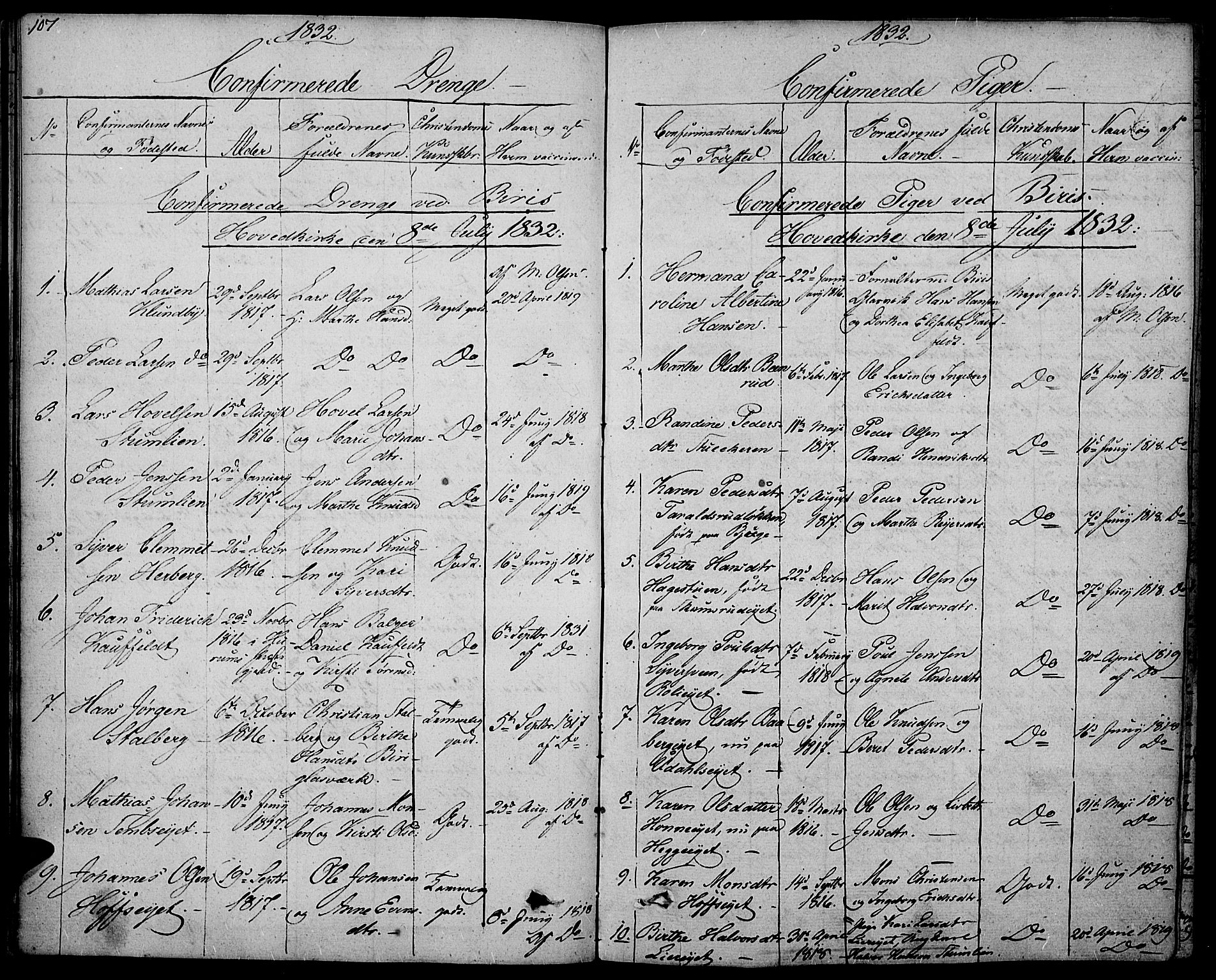 Biri prestekontor, SAH/PREST-096/H/Ha/Haa/L0004: Parish register (official) no. 4, 1829-1842, p. 107