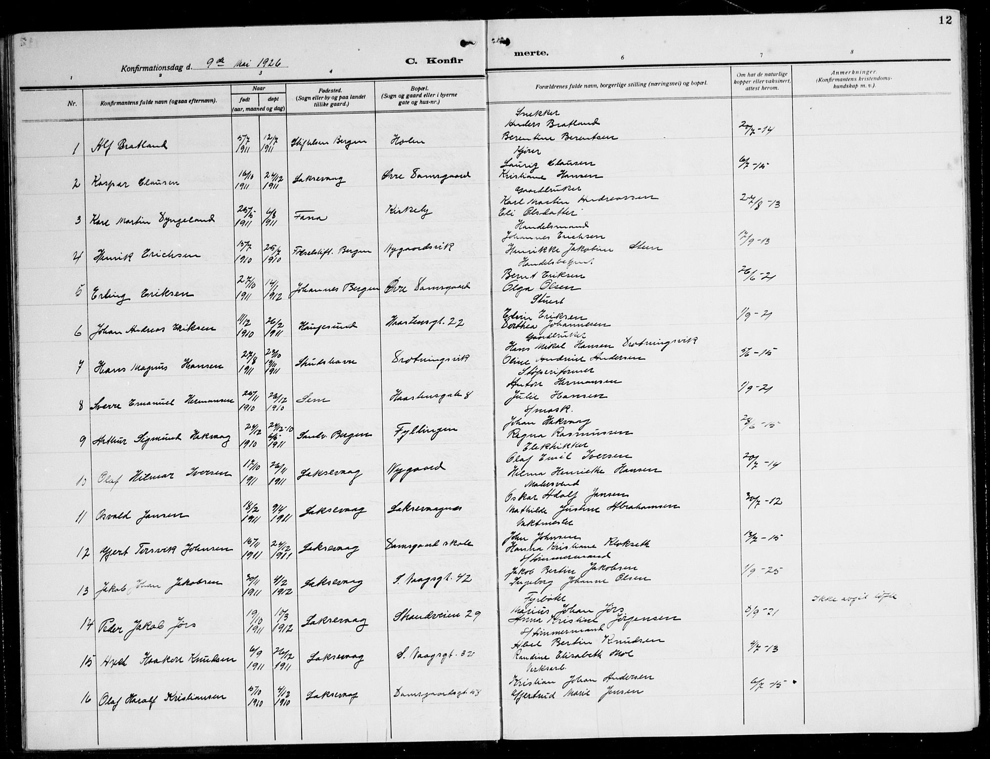 Laksevåg Sokneprestembete, SAB/A-76501/H/Ha/Hab/Haba: Parish register (copy) no. A 10, 1925-1942, p. 12