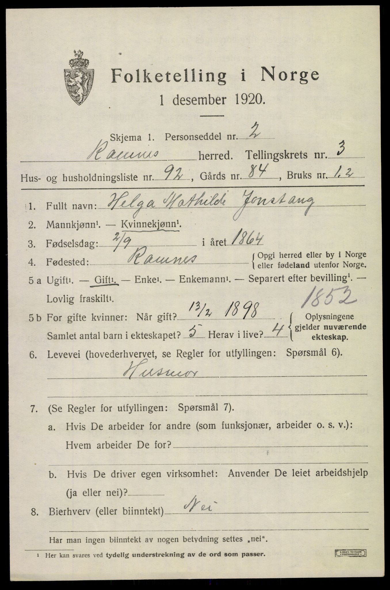 SAKO, 1920 census for Ramnes, 1920, p. 4302