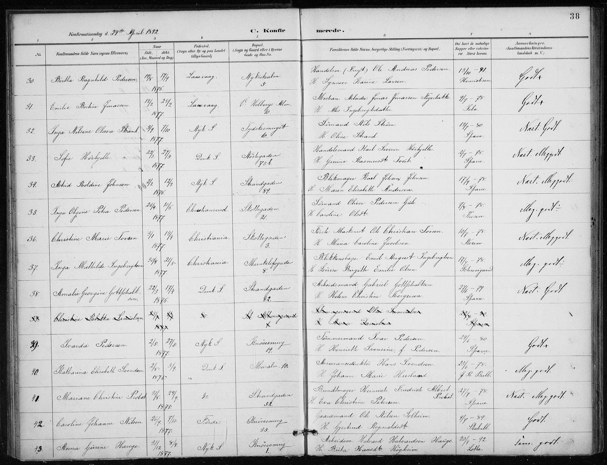 Nykirken Sokneprestembete, AV/SAB-A-77101/H/Haa/L0028: Parish register (official) no. C 7, 1887-1913, p. 38