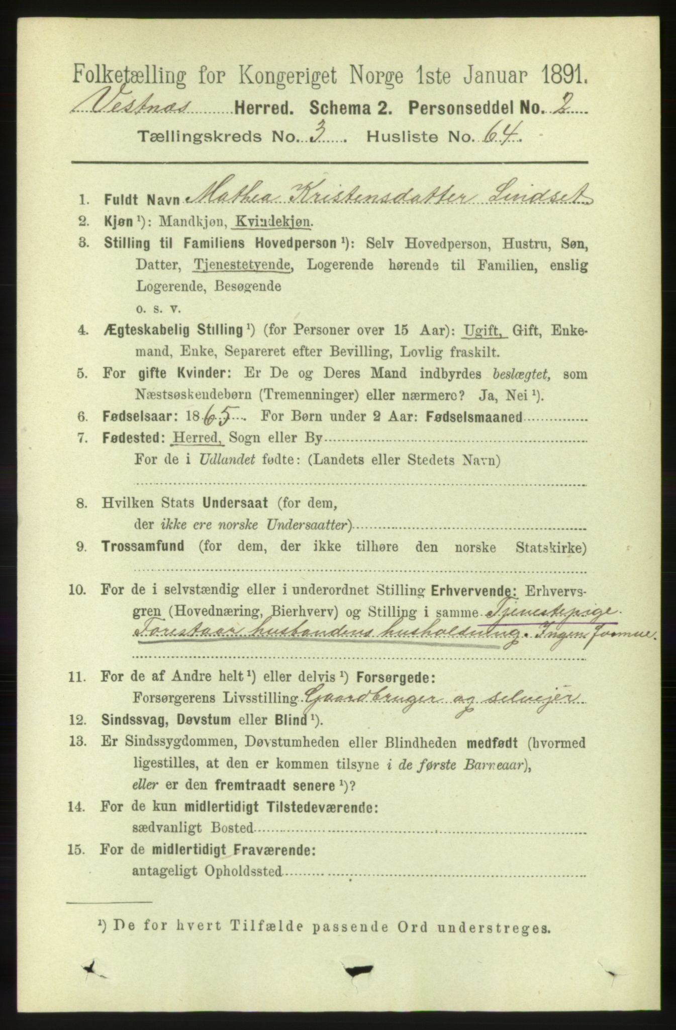 RA, 1891 census for 1535 Vestnes, 1891, p. 1205
