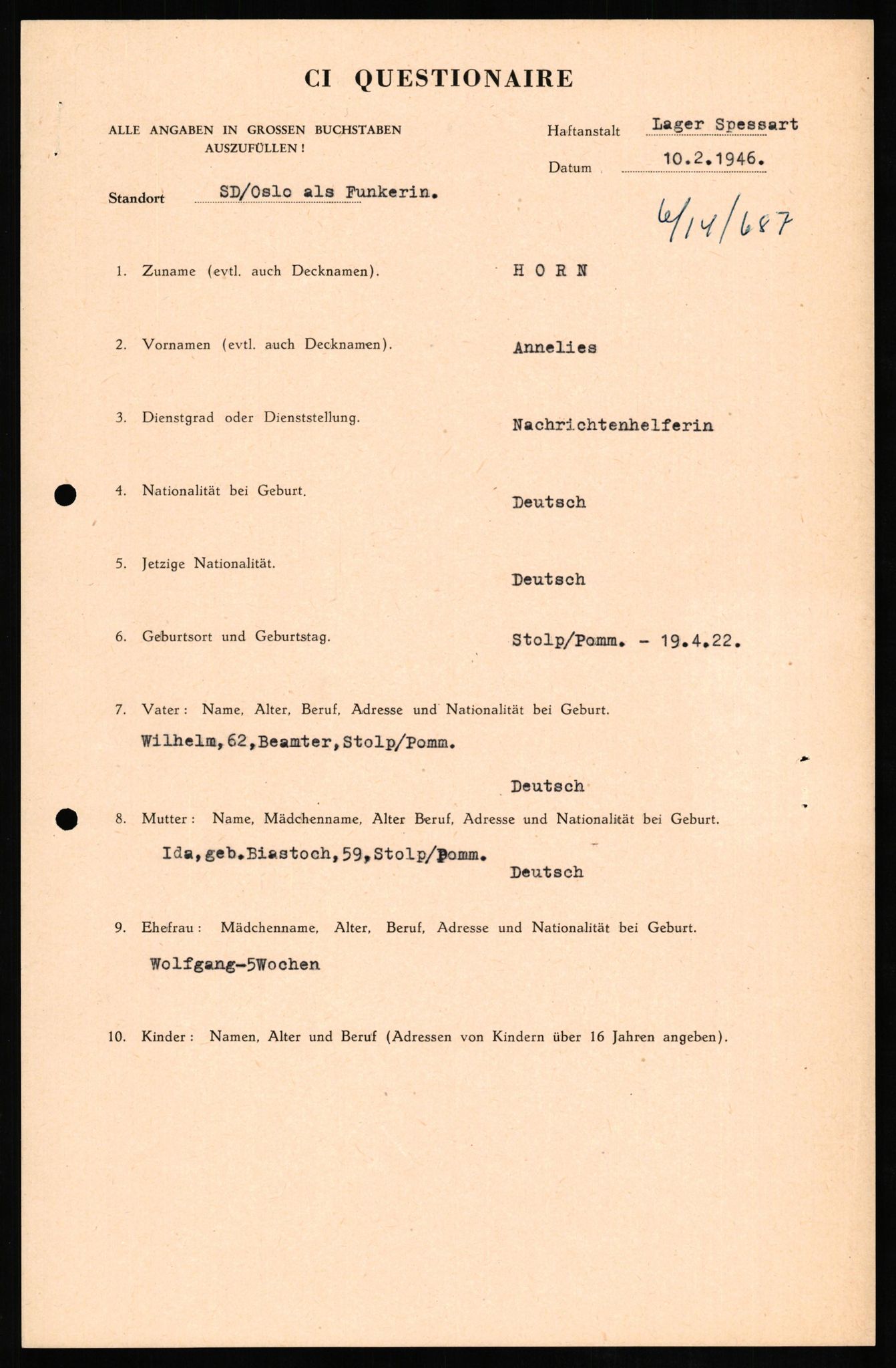 Forsvaret, Forsvarets overkommando II, RA/RAFA-3915/D/Db/L0014: CI Questionaires. Tyske okkupasjonsstyrker i Norge. Tyskere., 1945-1946, p. 2
