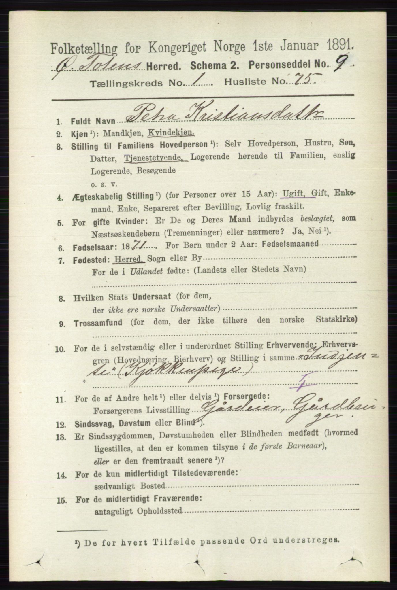 RA, 1891 census for 0528 Østre Toten, 1891, p. 616