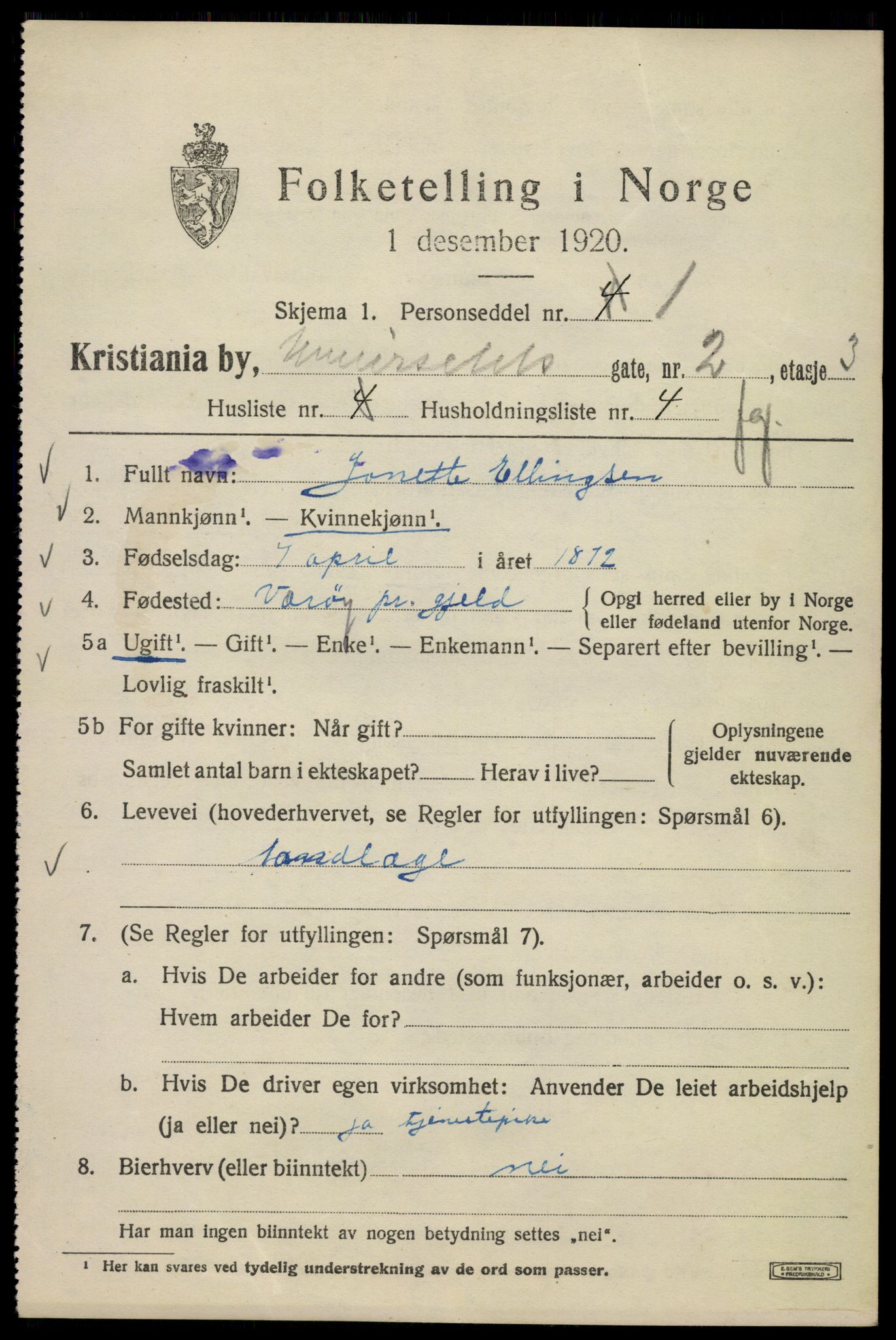 SAO, 1920 census for Kristiania, 1920, p. 618089