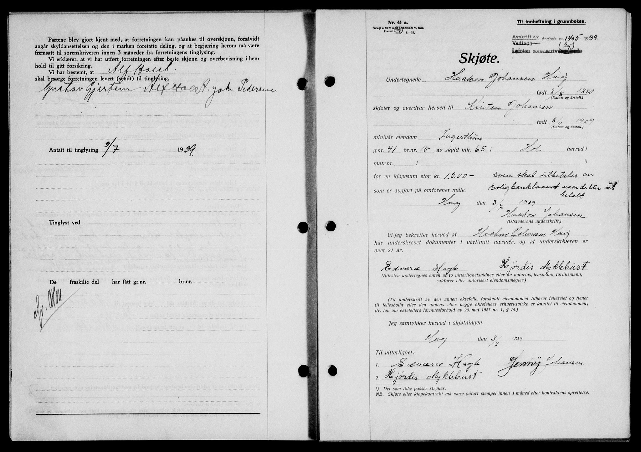 Lofoten sorenskriveri, SAT/A-0017/1/2/2C/L0006a: Mortgage book no. 6a, 1939-1939, Diary no: : 1405/1939