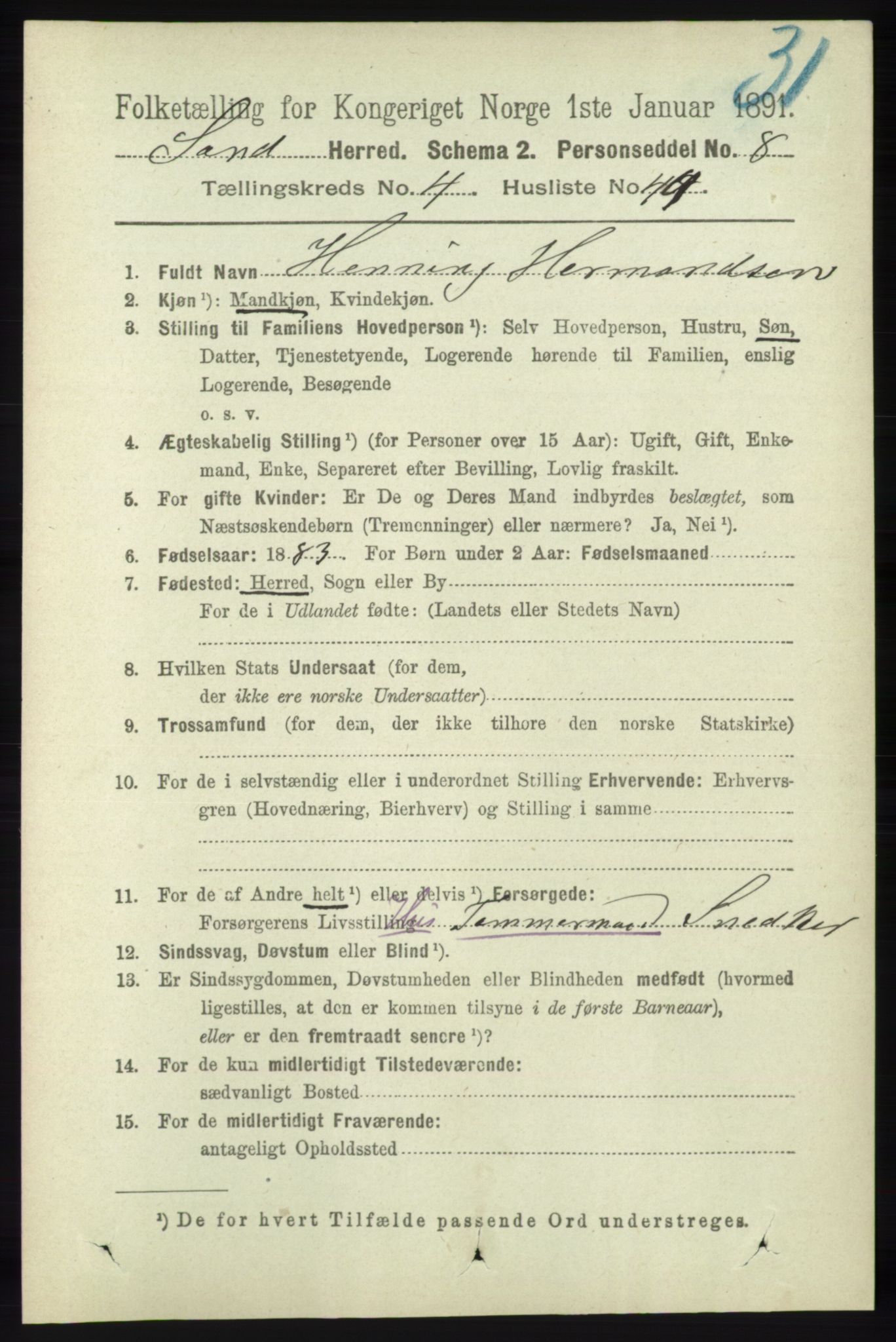 RA, 1891 census for 1136 Sand, 1891, p. 1479