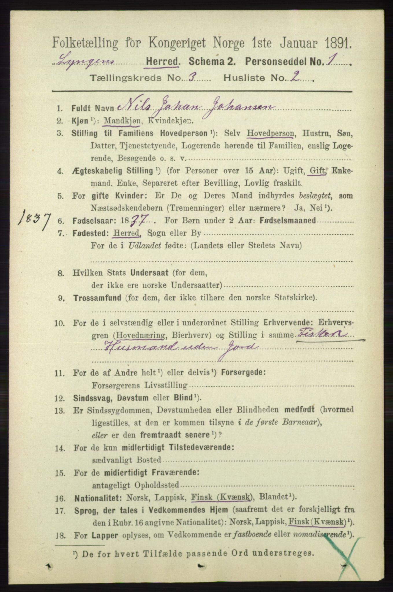 RA, 1891 census for 1938 Lyngen, 1891, p. 3142