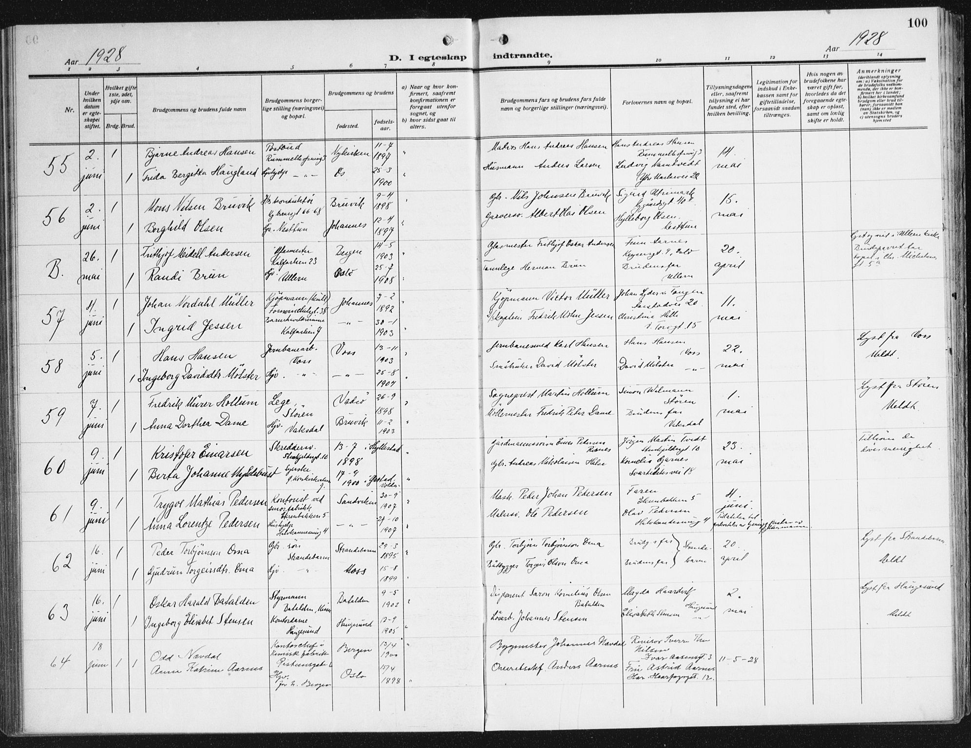 Domkirken sokneprestembete, SAB/A-74801/H/Haa/L0039: Parish register (official) no. D 6, 1921-1937, p. 100