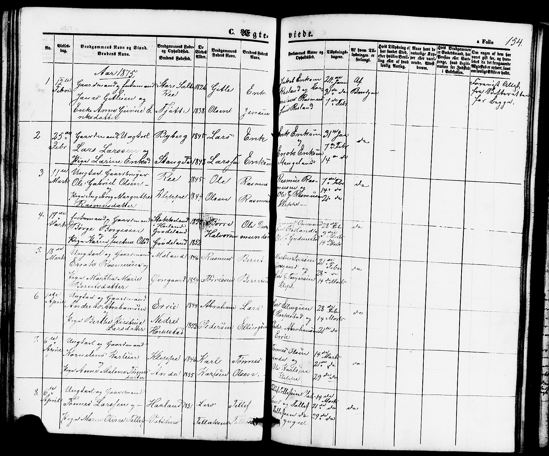 Klepp sokneprestkontor, SAST/A-101803/001/3/30BB/L0002: Parish register (copy) no. B 2, 1860-1875, p. 154