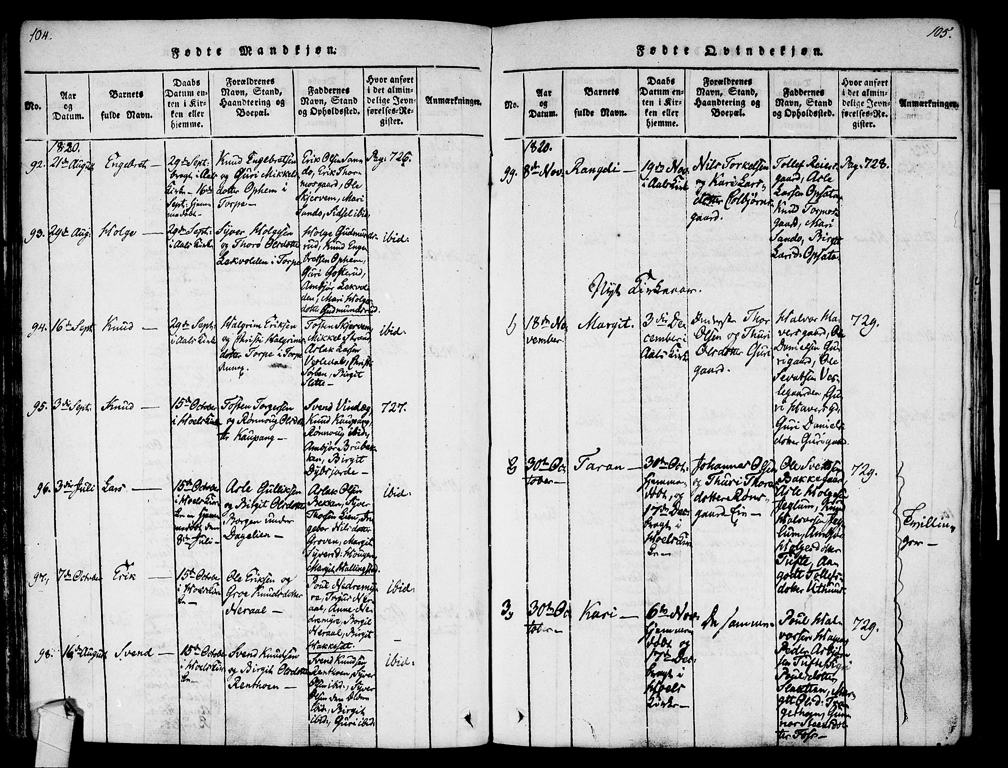 Ål kirkebøker, SAKO/A-249/F/Fa/L0004: Parish register (official) no. I 4, 1815-1825, p. 104-105