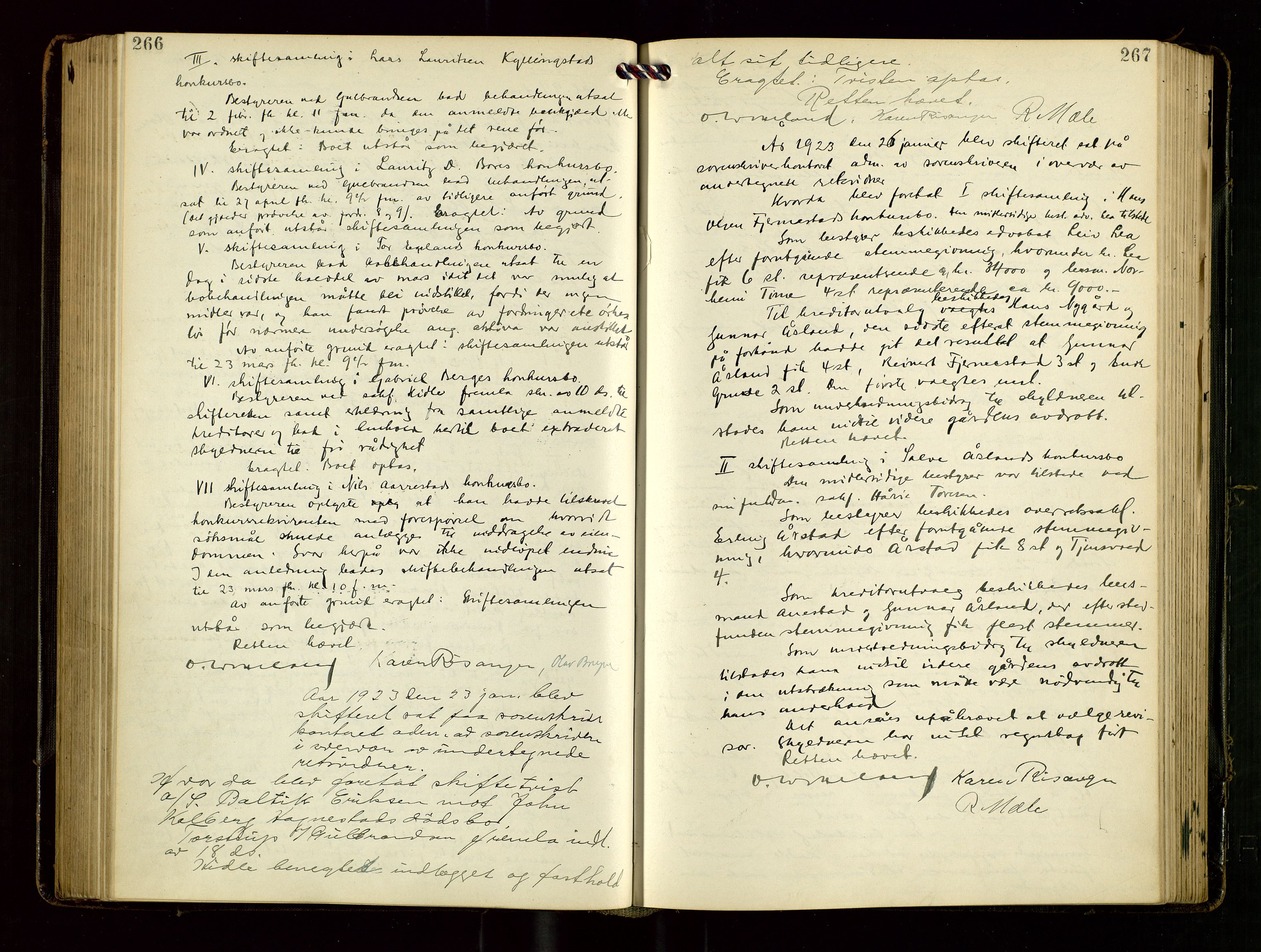 Jæren sorenskriveri, AV/SAST-A-100310/02/G/Gc/L0001: Skifteforhandlingsprotokoll nr. 7 - konkurs, 1921-1926, p. 266-267
