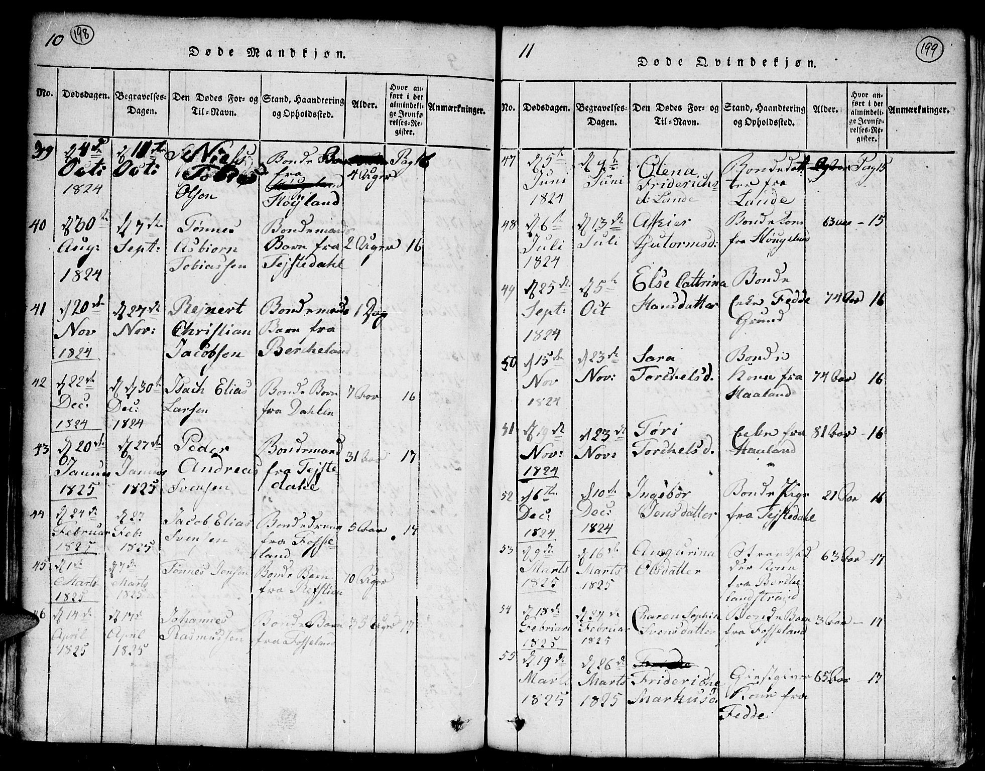 Kvinesdal sokneprestkontor, SAK/1111-0026/F/Fb/Fba/L0001: Parish register (copy) no. B 1, 1815-1839, p. 198-199