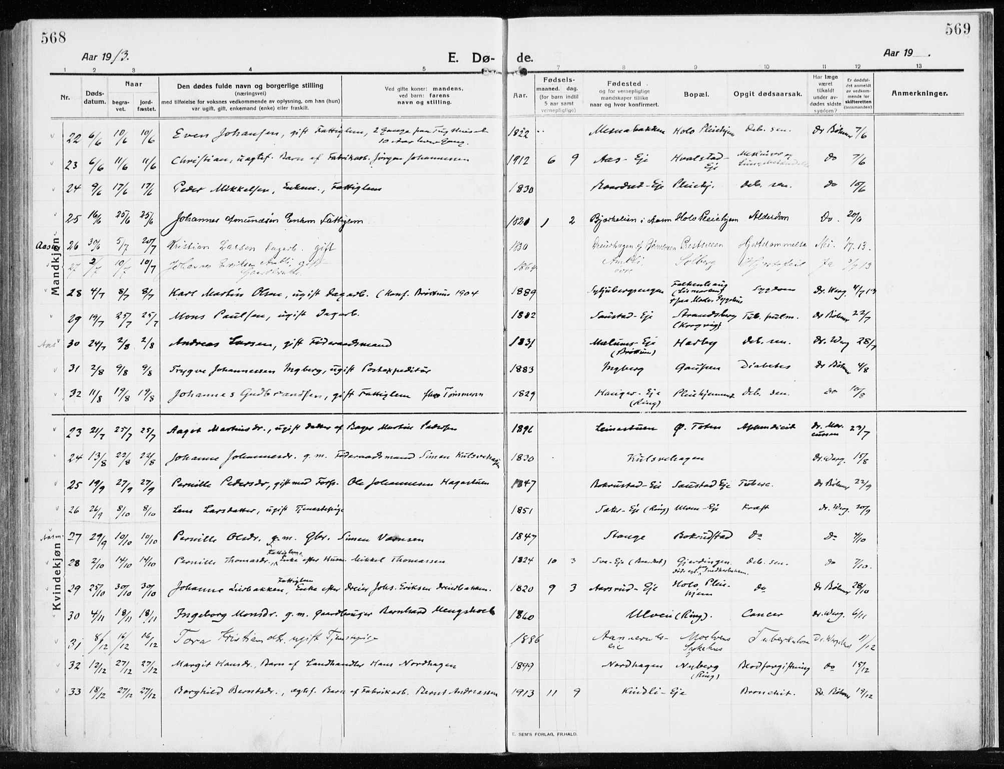 Ringsaker prestekontor, AV/SAH-PREST-014/K/Ka/L0020: Parish register (official) no. 20, 1913-1922, p. 568-569