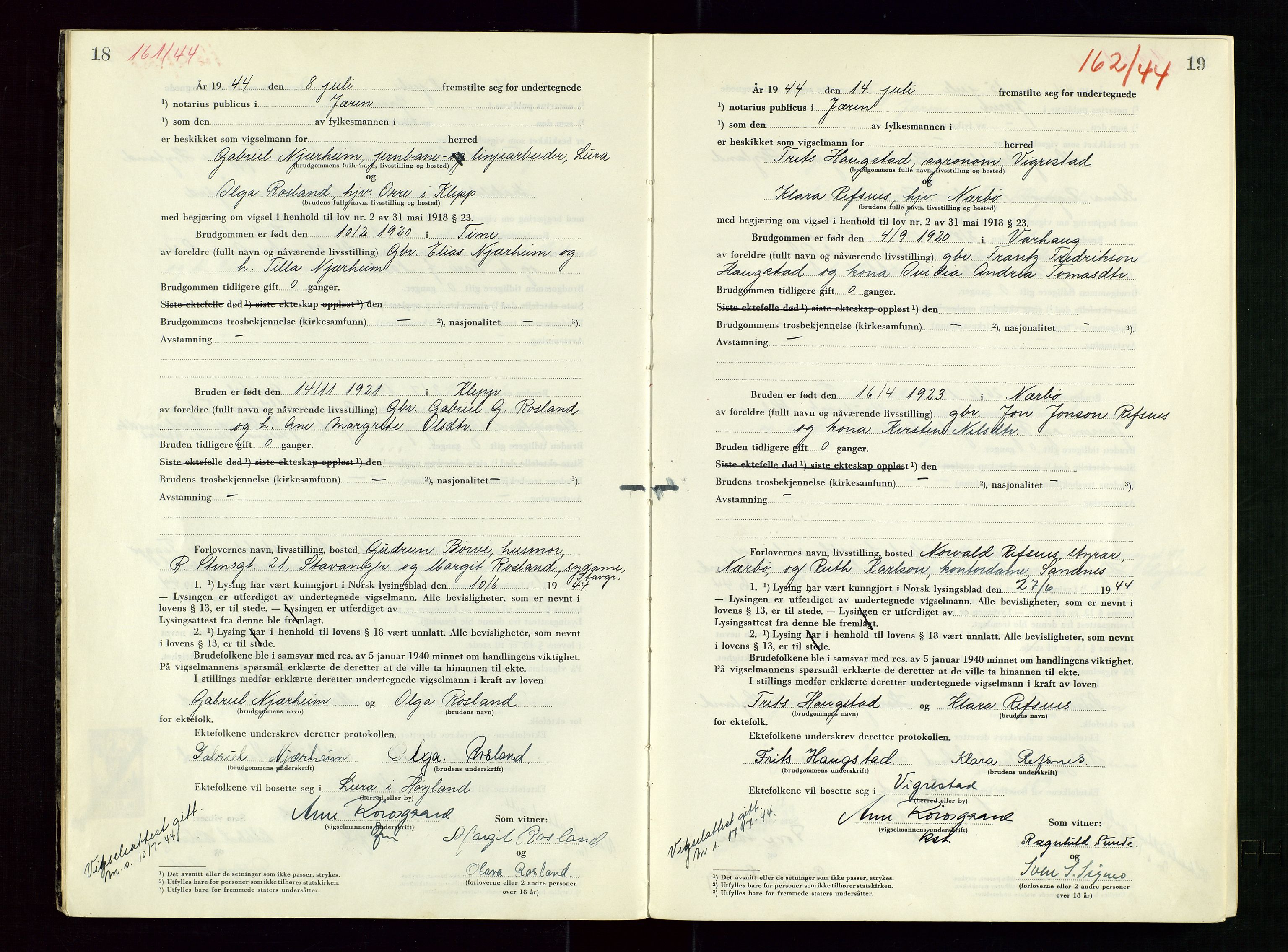 Jæren sorenskriveri, AV/SAST-A-100310/01/6/62/62BA/L0007: VIGSELSPROTOKOLL, 1944, p. 18-19