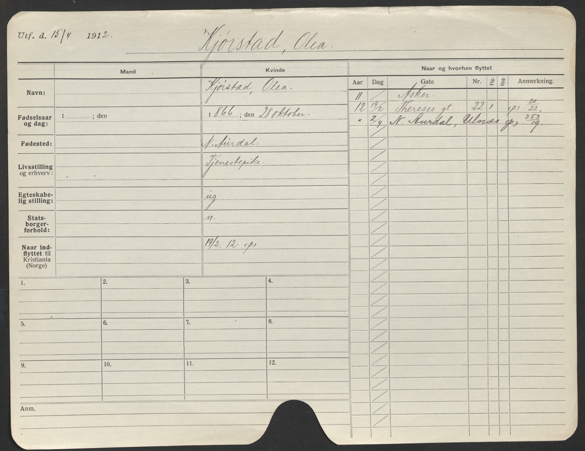 Oslo folkeregister, Registerkort, AV/SAO-A-11715/F/Fa/Fac/L0018: Kvinner, 1906-1914, p. 1098a