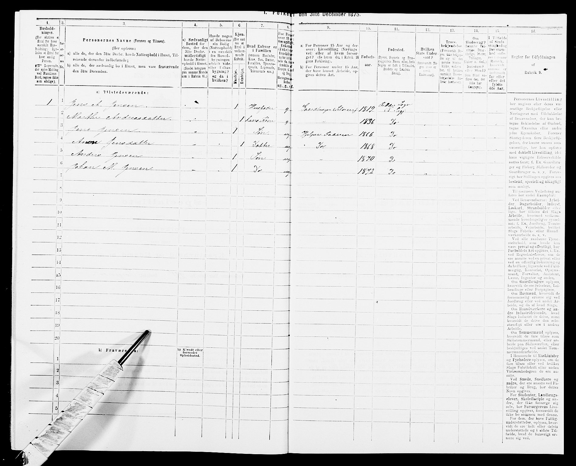 SAK, 1875 census for 1037P Kvinesdal, 1875, p. 1544