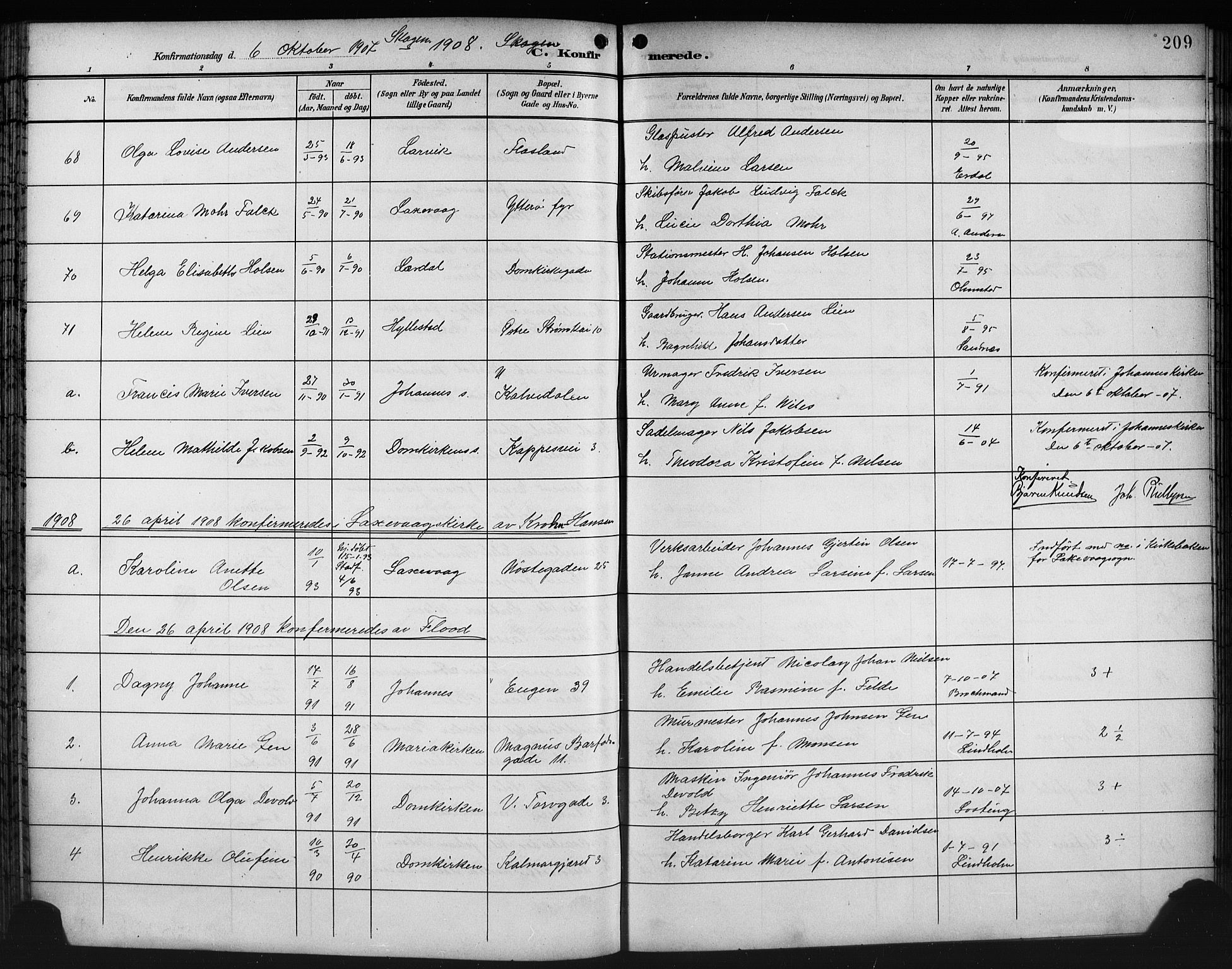 Domkirken sokneprestembete, SAB/A-74801/H/Hab/L0025: Parish register (copy) no. C 5, 1899-1916, p. 209