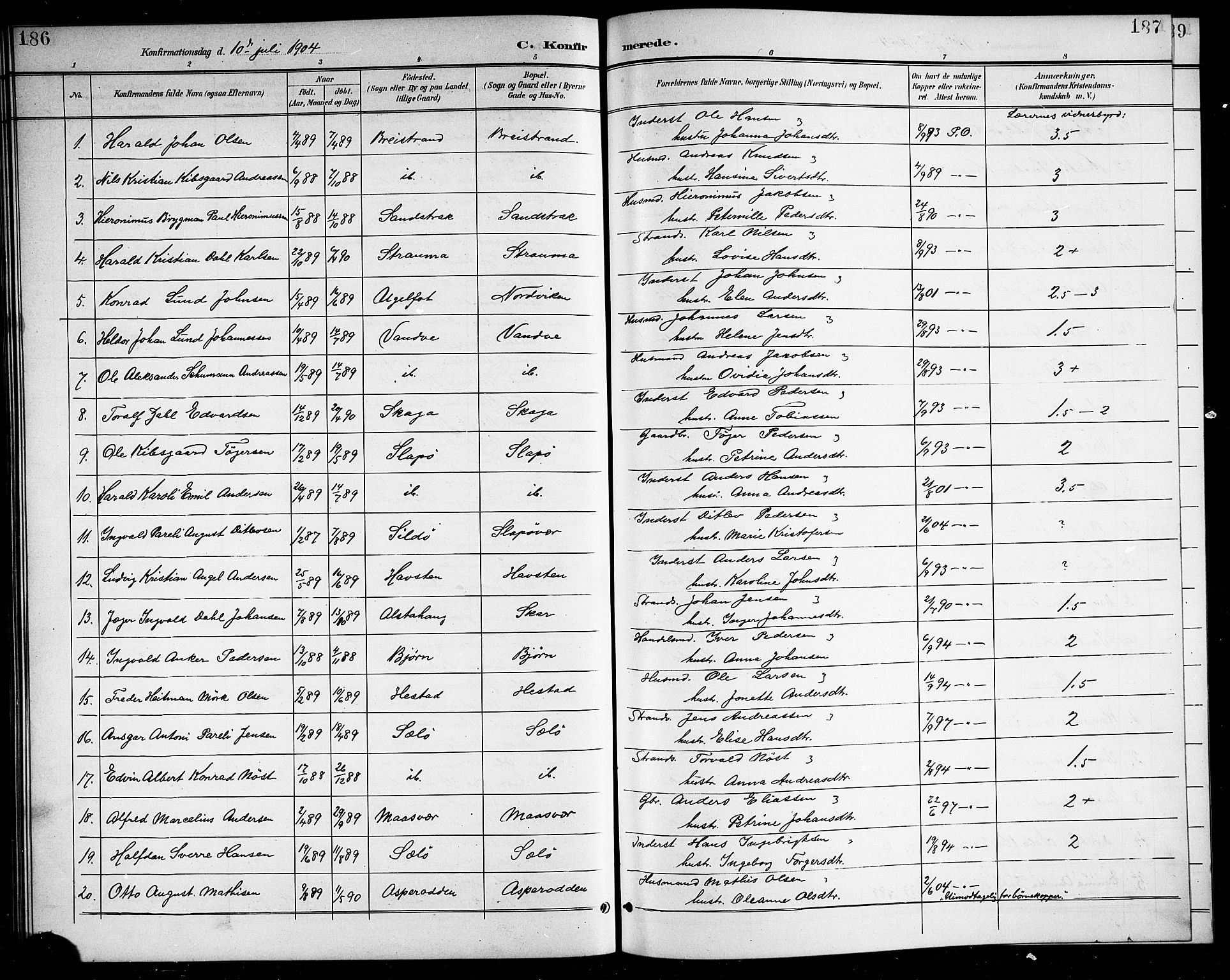 Ministerialprotokoller, klokkerbøker og fødselsregistre - Nordland, AV/SAT-A-1459/834/L0516: Parish register (copy) no. 834C06, 1902-1918, p. 186-187