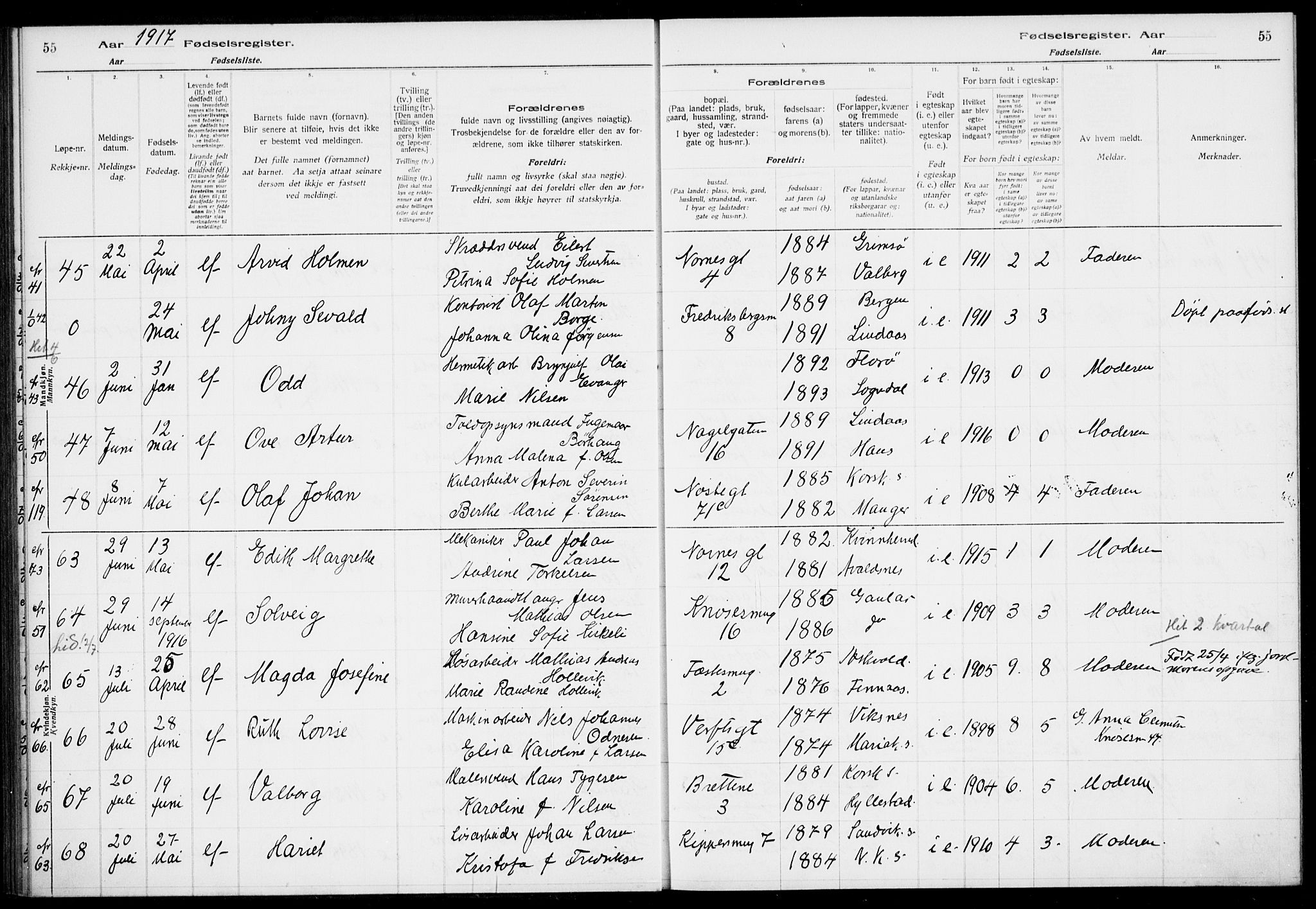 Nykirken Sokneprestembete, AV/SAB-A-77101/I/Id/L00A1: Birth register no. A 1, 1916-1922, p. 55