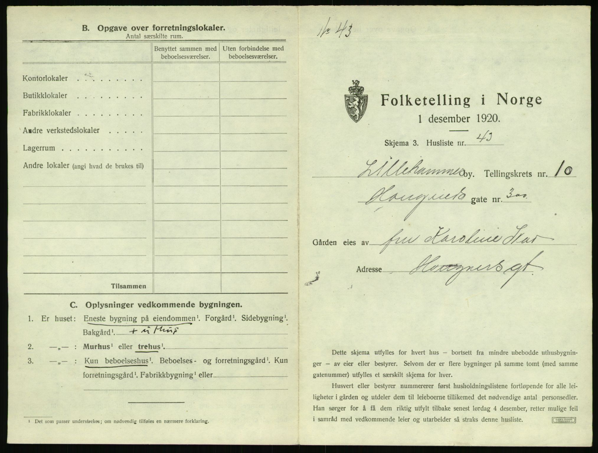 SAH, 1920 census for Lillehammer, 1920, p. 1324