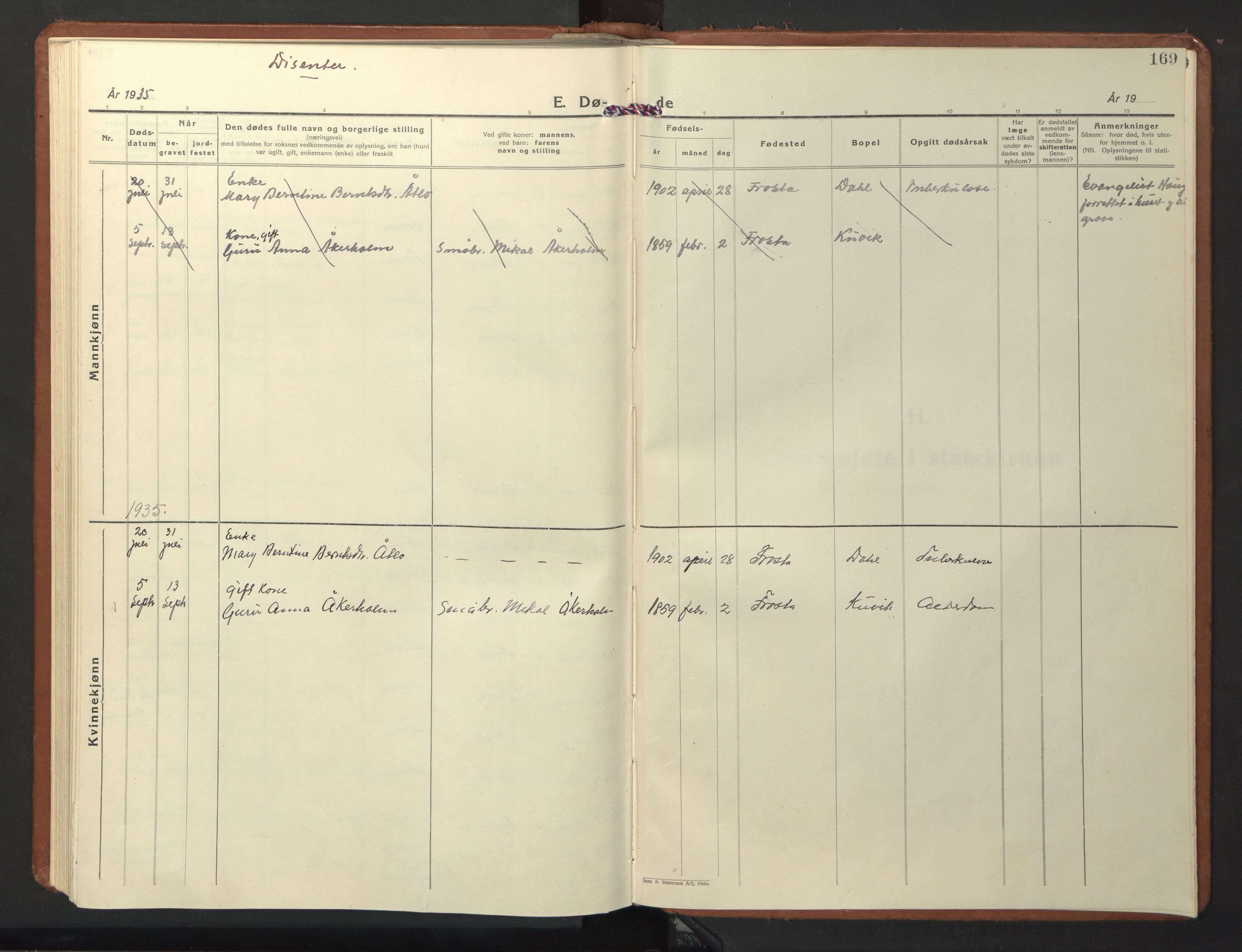 Ministerialprotokoller, klokkerbøker og fødselsregistre - Nord-Trøndelag, SAT/A-1458/713/L0125: Parish register (copy) no. 713C02, 1931-1941, p. 169