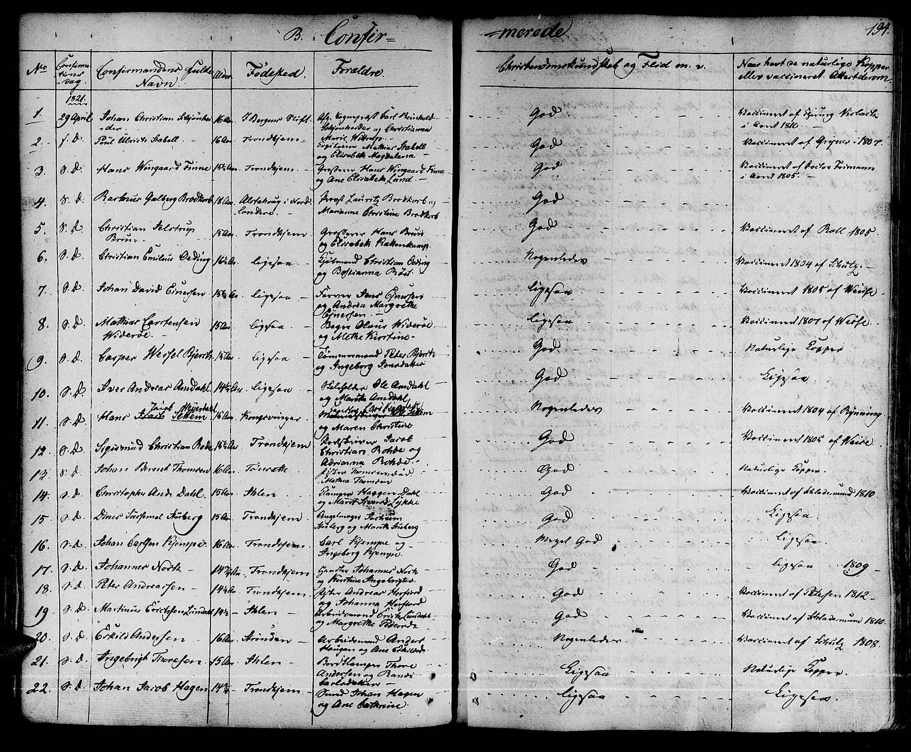Ministerialprotokoller, klokkerbøker og fødselsregistre - Sør-Trøndelag, SAT/A-1456/601/L0045: Parish register (official) no. 601A13, 1821-1831, p. 194