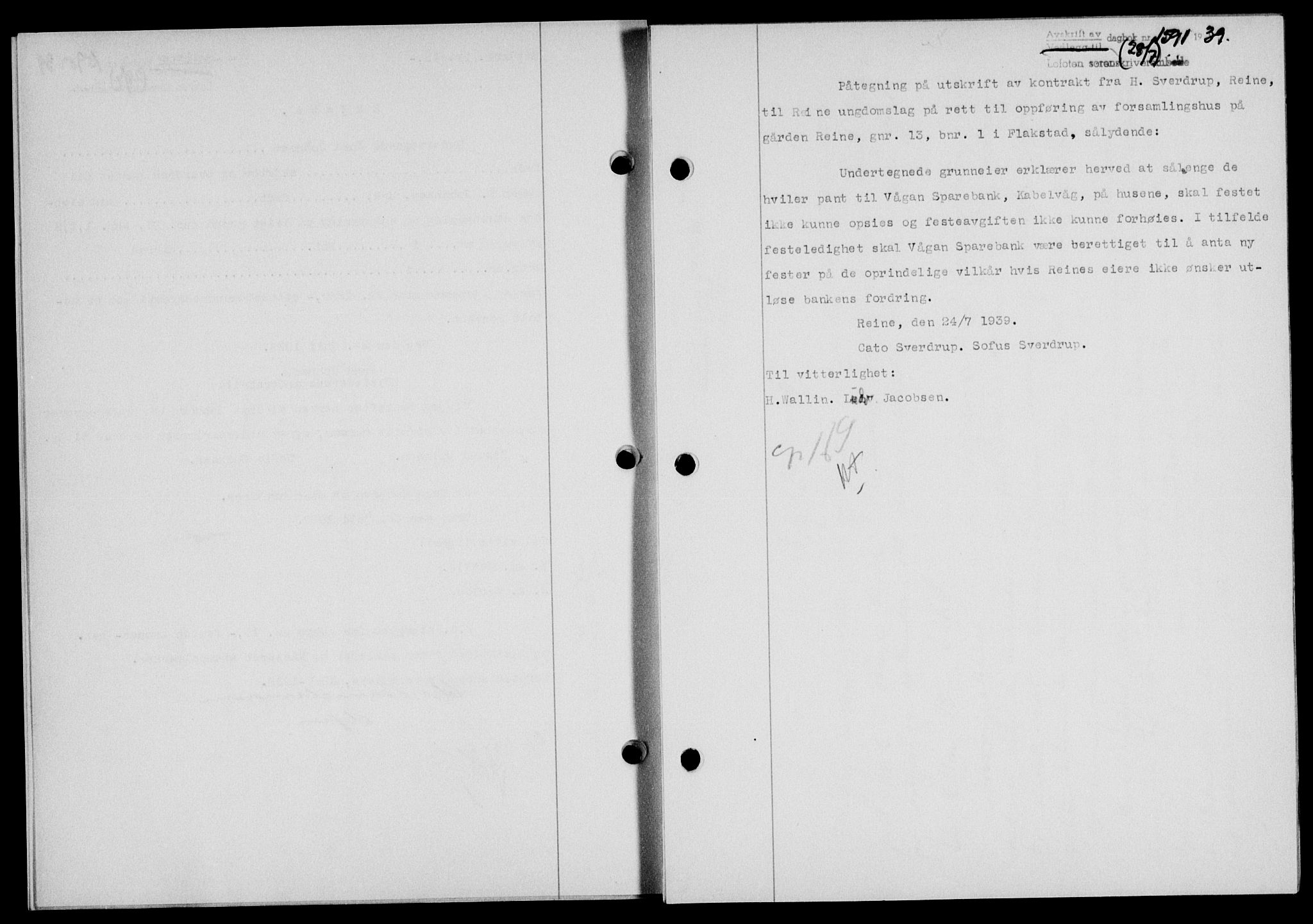 Lofoten sorenskriveri, SAT/A-0017/1/2/2C/L0006a: Mortgage book no. 6a, 1939-1939, Diary no: : 1591/1939