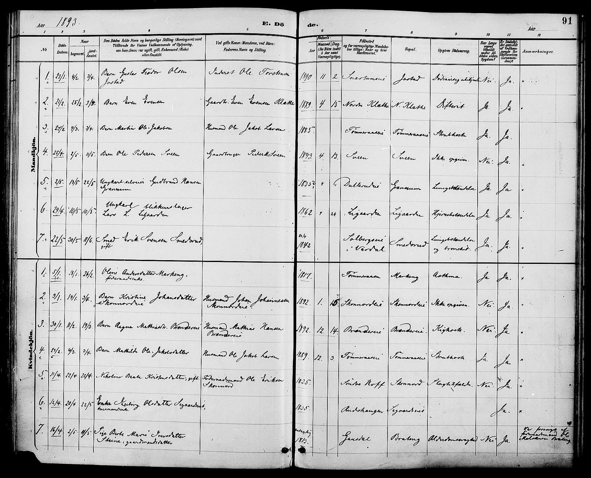 Biri prestekontor, SAH/PREST-096/H/Ha/Haa/L0007: Parish register (official) no. 7, 1887-1893, p. 91