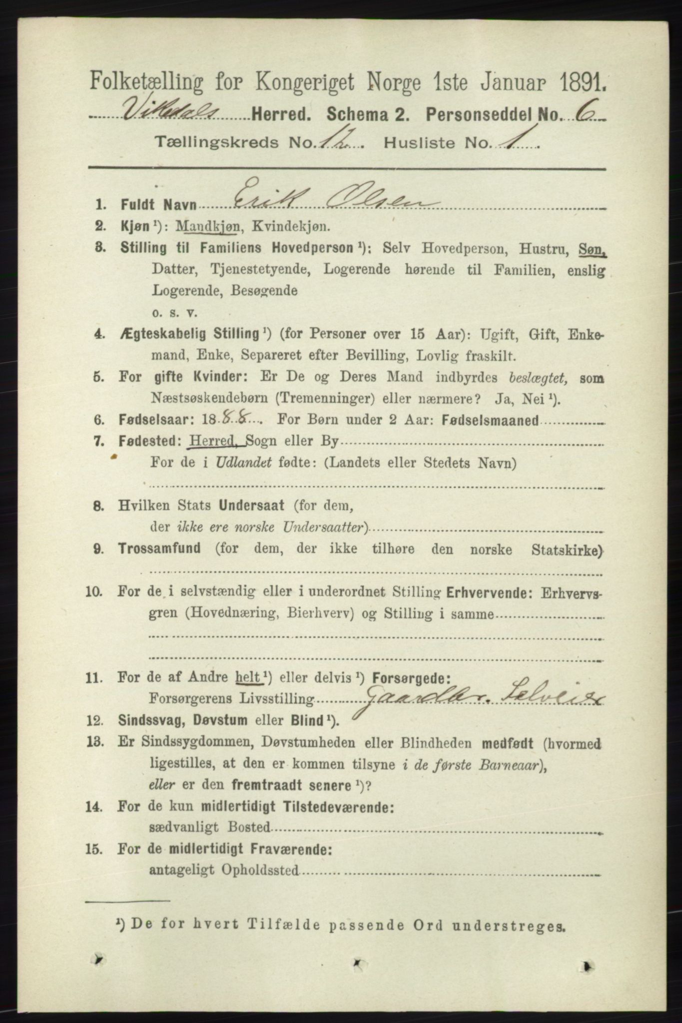 RA, 1891 census for 1157 Vikedal, 1891, p. 3187