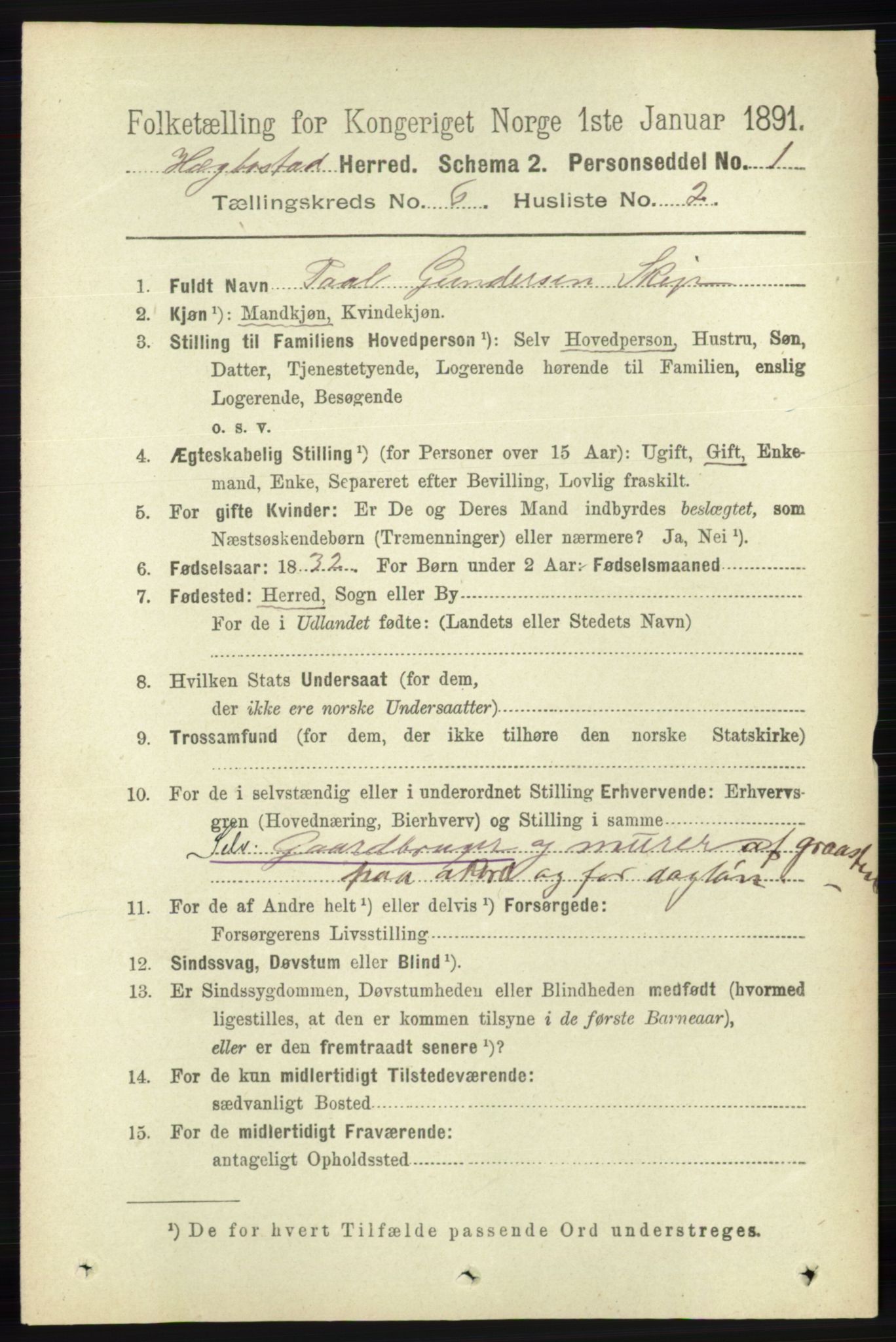 RA, 1891 census for 1034 Hægebostad, 1891, p. 1849