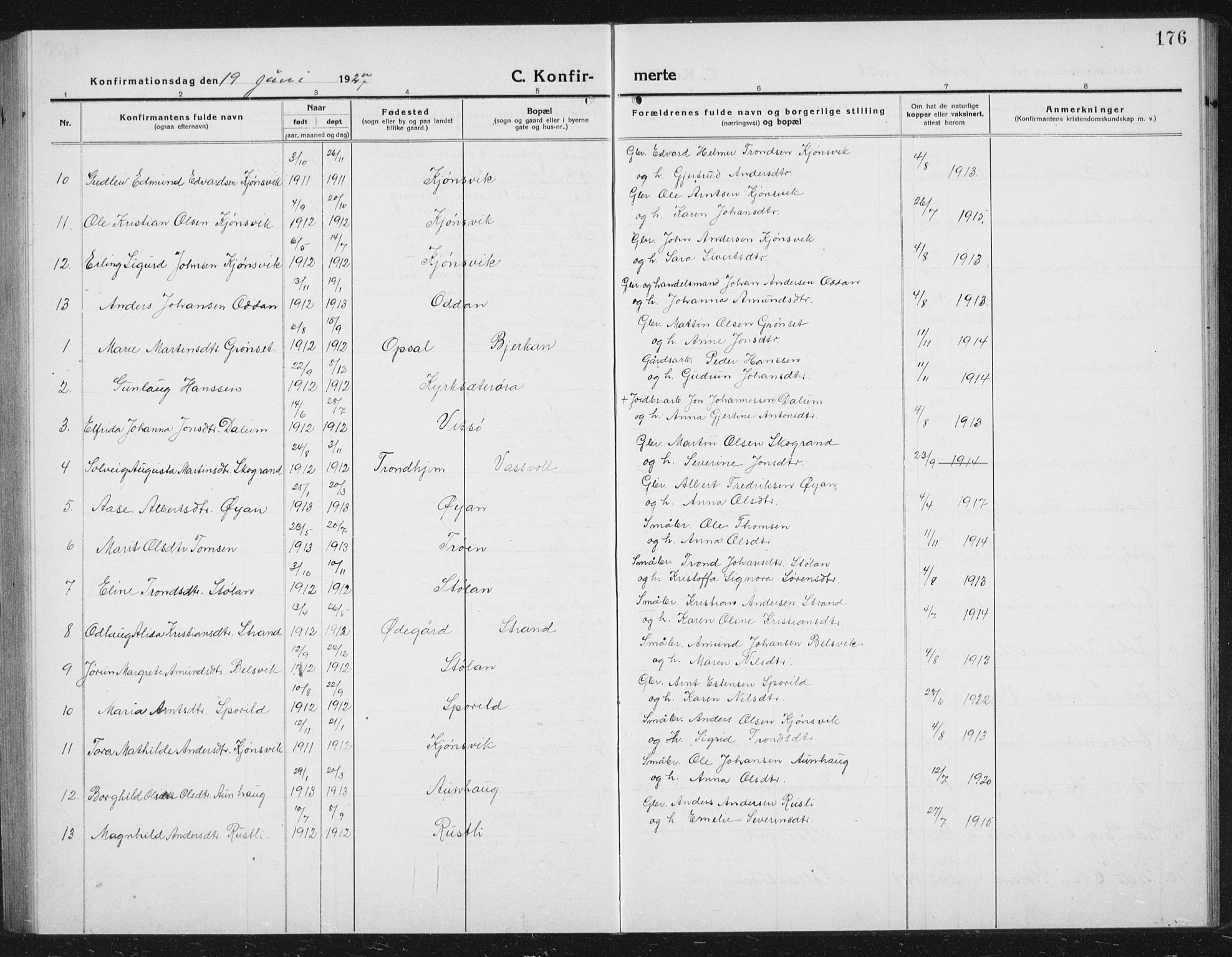 Ministerialprotokoller, klokkerbøker og fødselsregistre - Sør-Trøndelag, SAT/A-1456/630/L0506: Parish register (copy) no. 630C04, 1914-1933, p. 176
