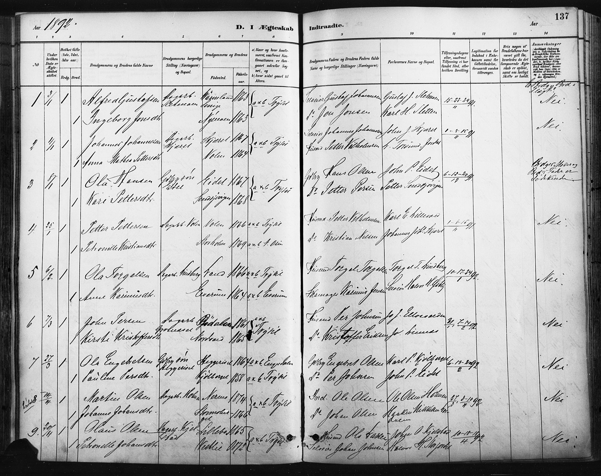 Trysil prestekontor, AV/SAH-PREST-046/H/Ha/Haa/L0009: Parish register (official) no. 9, 1881-1897, p. 137