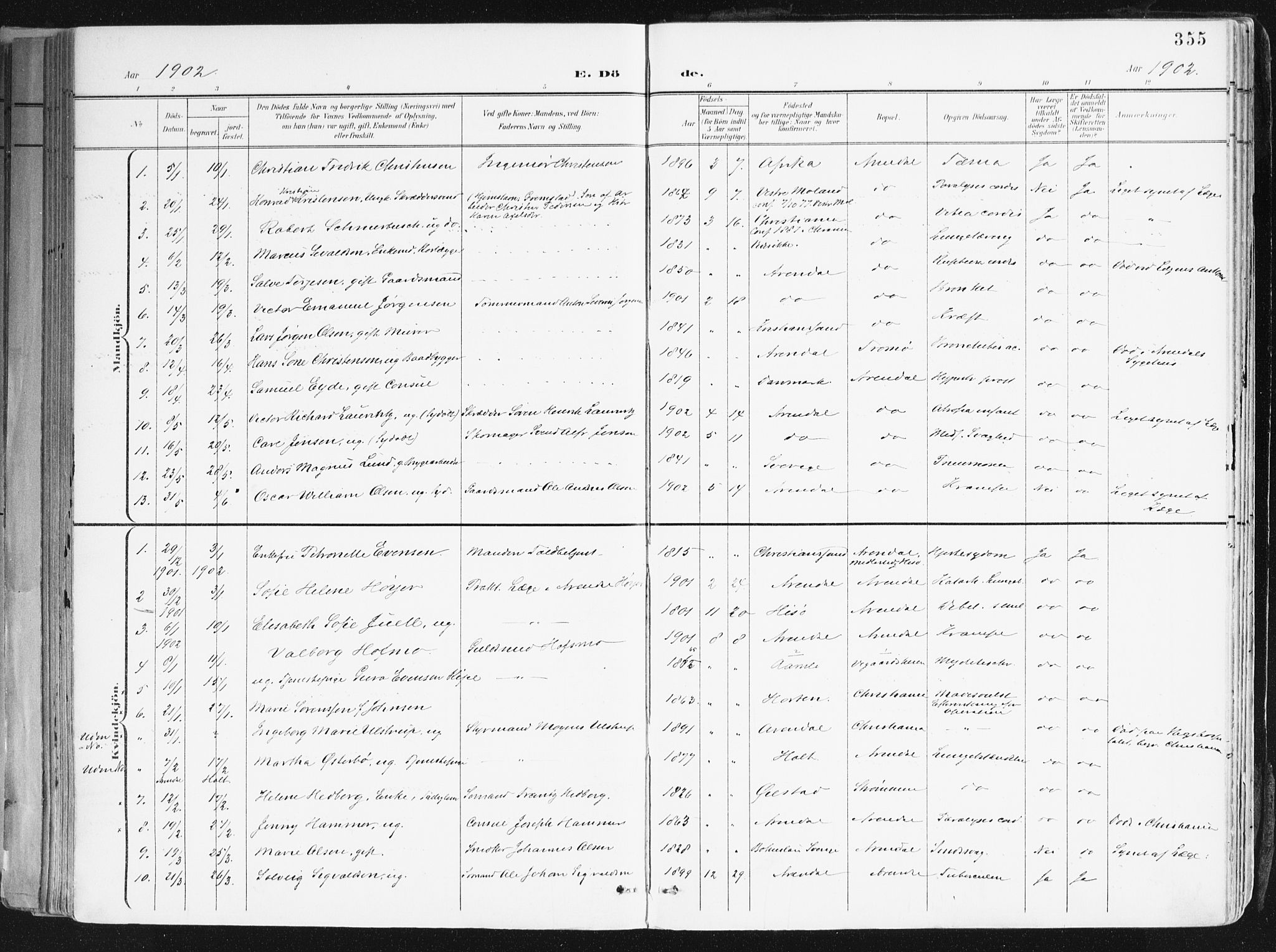Arendal sokneprestkontor, Trefoldighet, SAK/1111-0040/F/Fa/L0010: Parish register (official) no. A 10, 1900-1919, p. 355