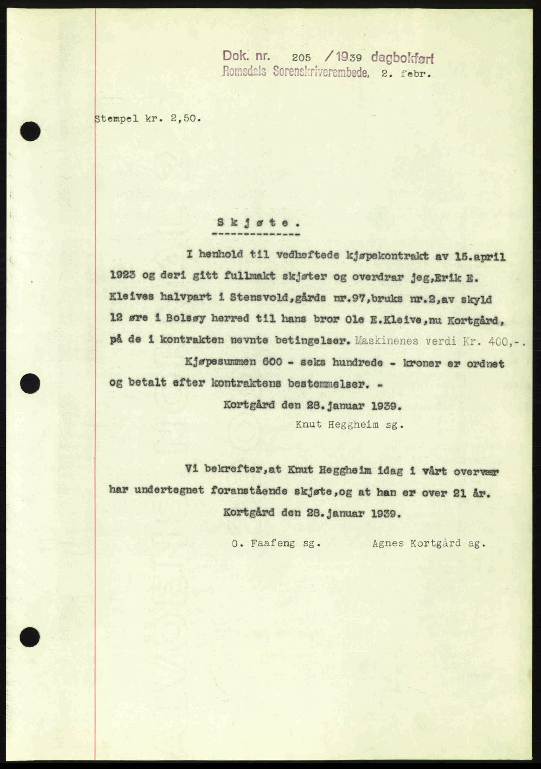 Romsdal sorenskriveri, AV/SAT-A-4149/1/2/2C: Mortgage book no. A6, 1938-1939, Diary no: : 205/1939