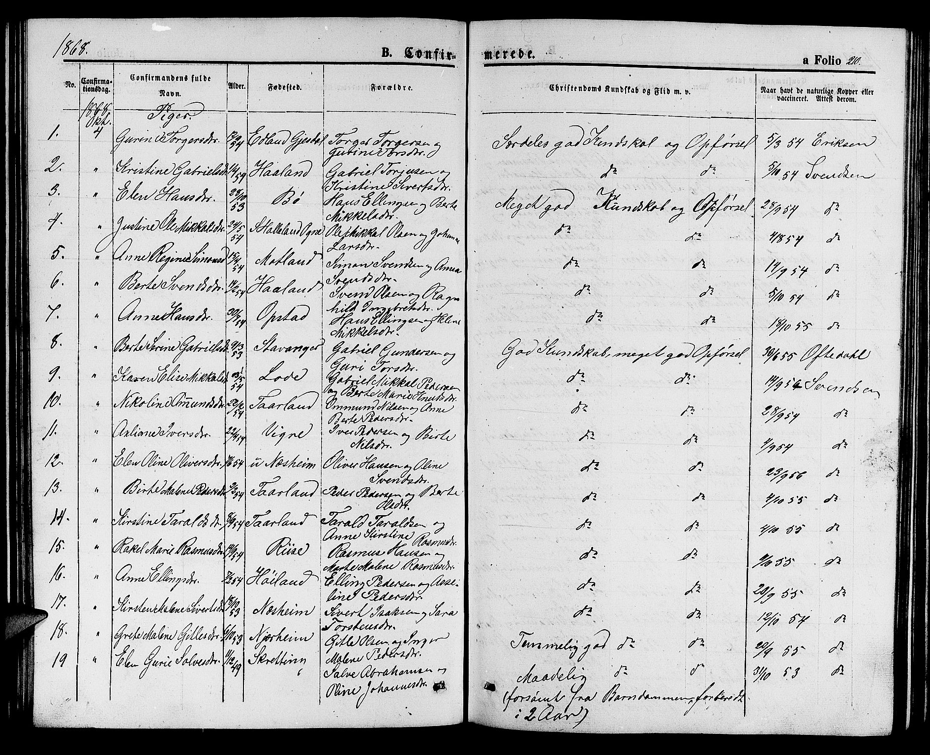 Hå sokneprestkontor, SAST/A-101801/001/30BB/L0001: Parish register (copy) no. B 1, 1854-1883, p. 210