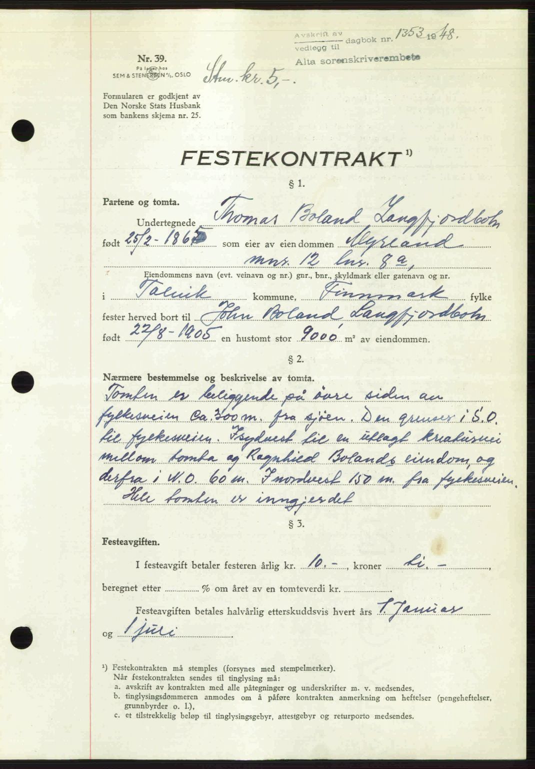 Alta fogderi/sorenskriveri, SATØ/SATØ-5/1/K/Kd/L0037pantebok: Mortgage book no. 39-40, 1948-1949, Diary no: : 1353/1948